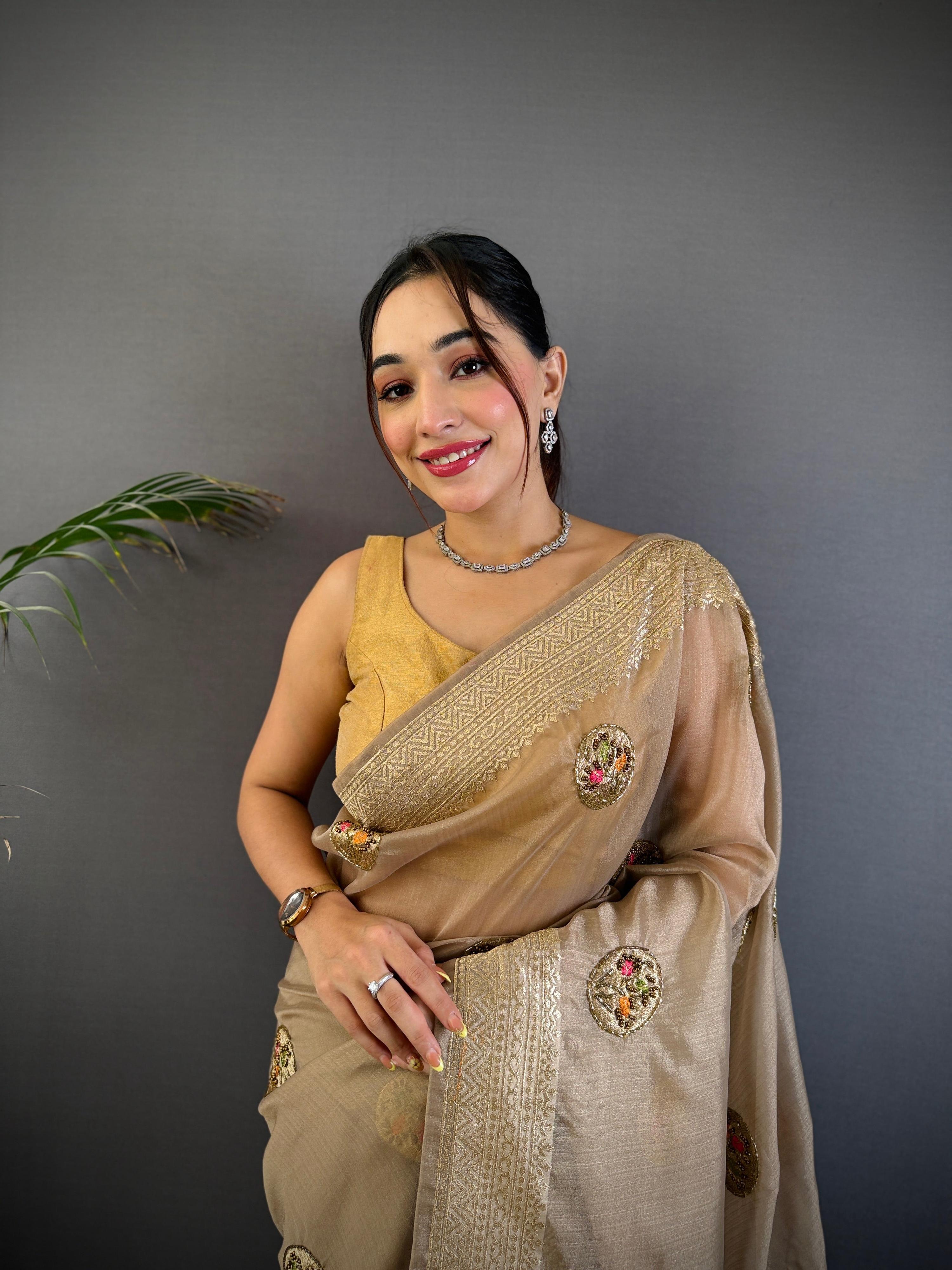 Sonakshi Women'S Chiku Pure Organza Silk With Attractive Embroidery Work Traditional Saree With Blouse