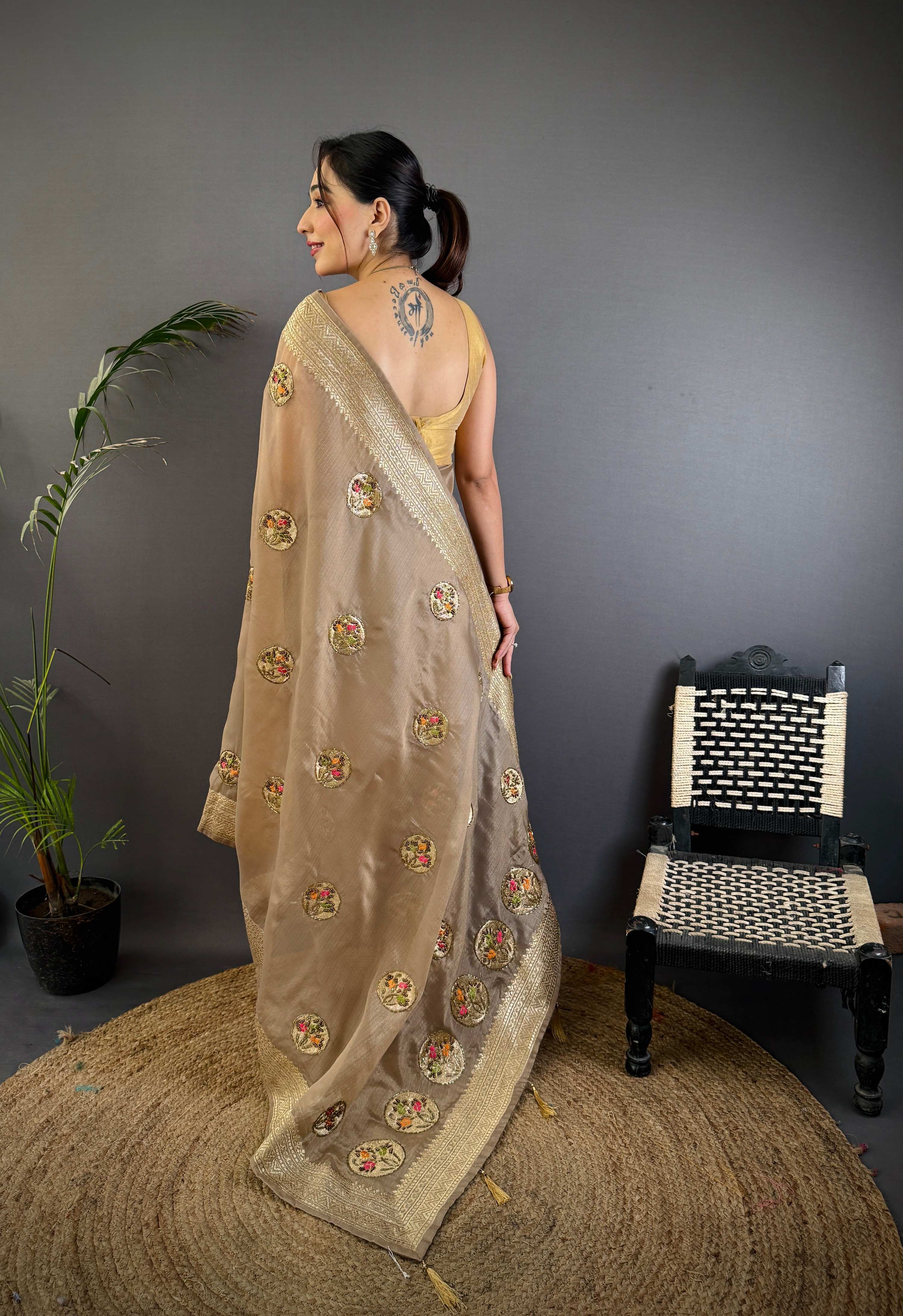 Sonakshi Women'S Chiku Pure Organza Silk With Attractive Embroidery Work Traditional Saree With Blouse