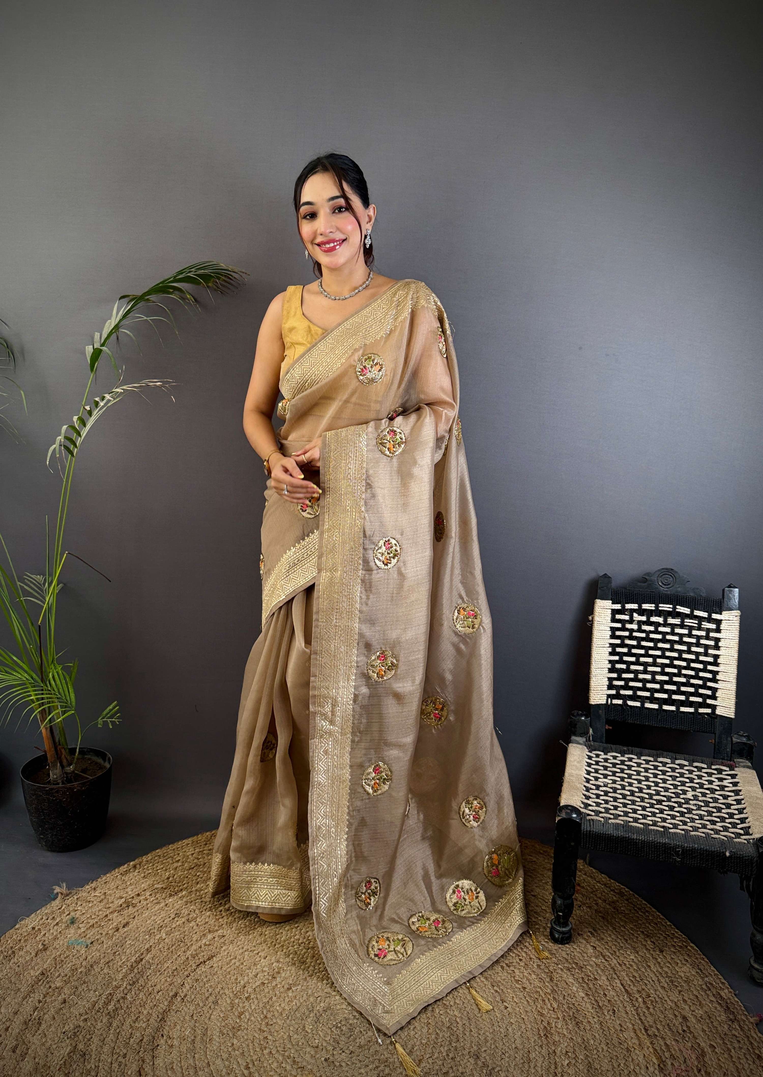 Sonakshi Women'S Chiku Pure Organza Silk With Attractive Embroidery Work Traditional Saree With Blouse