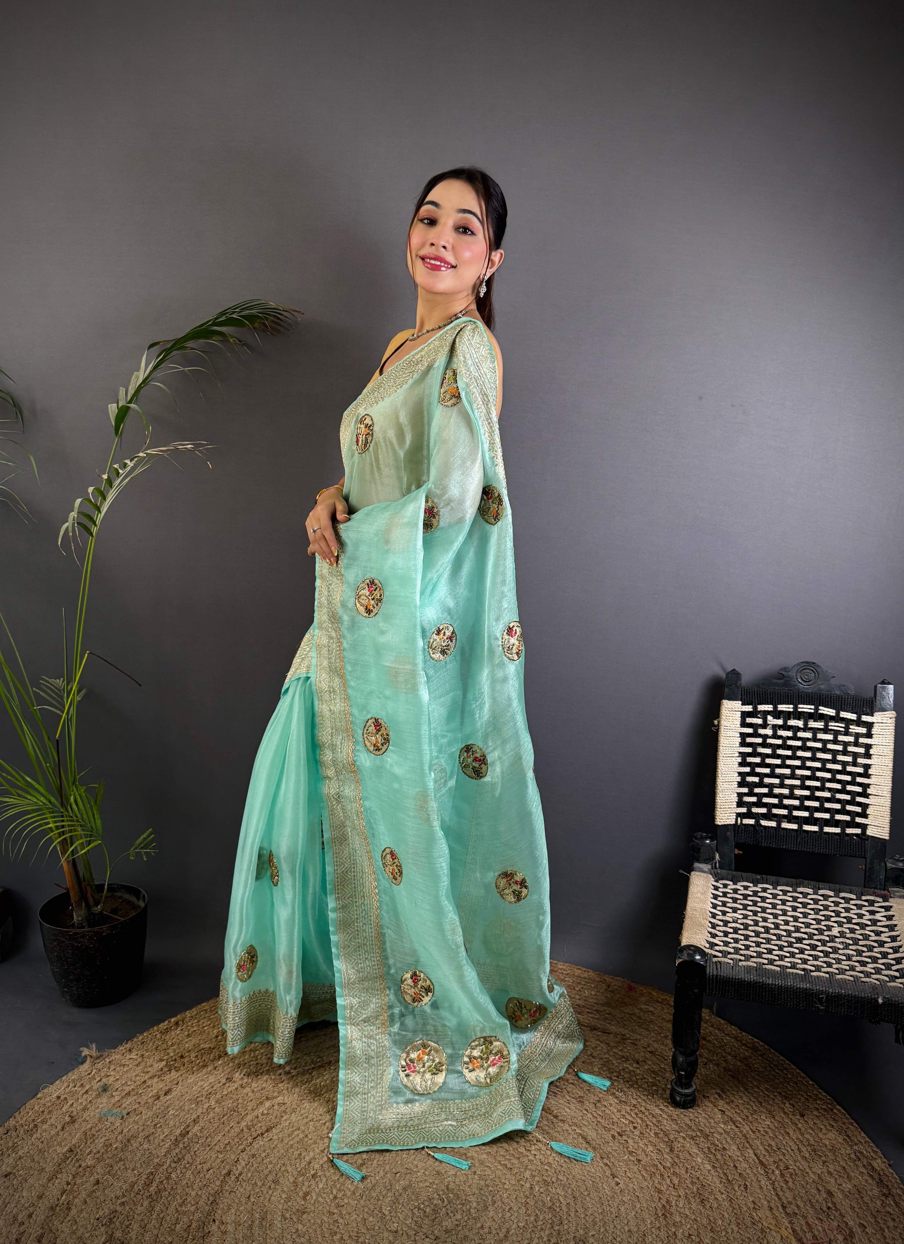 Sonakshi Women'S Sky Pure Organza Silk With Attractive Embroidery Work Traditional Saree With Blouse