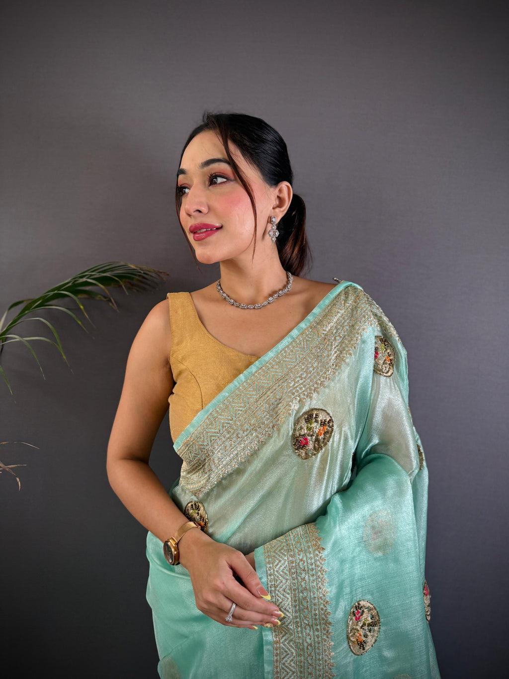 Sonakshi Women'S Sky Pure Organza Silk With Attractive Embroidery Work Traditional Saree With Blouse