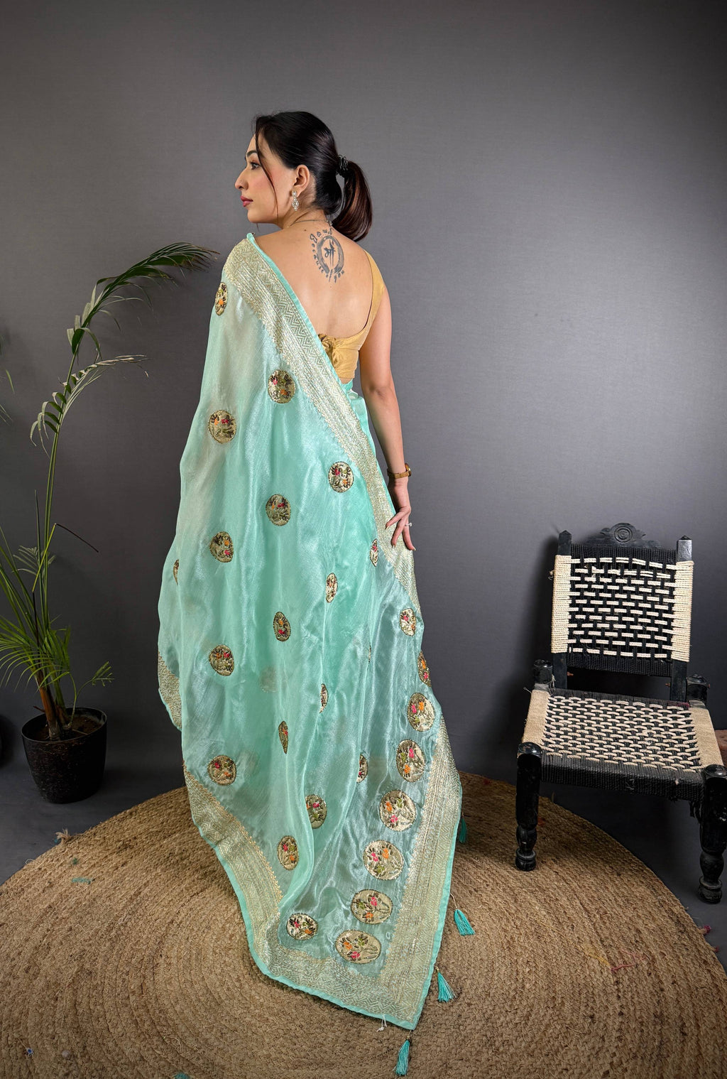 Sonakshi Women'S Sky Pure Organza Silk With Attractive Embroidery Work Traditional Saree With Blouse