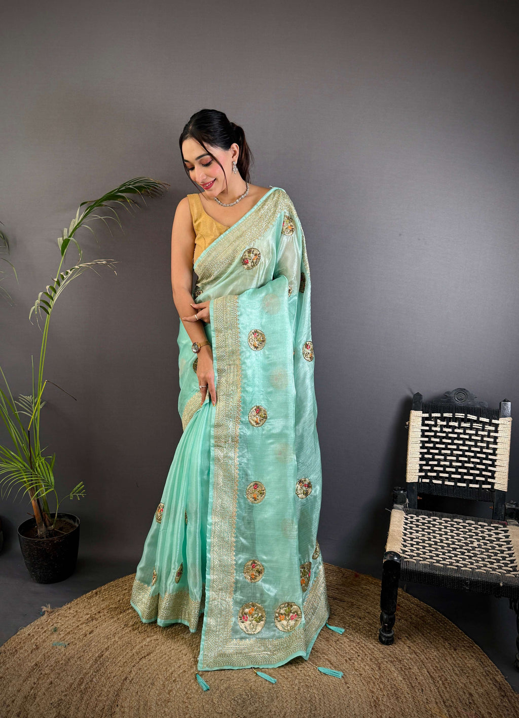 Sonakshi Women'S Sky Pure Organza Silk With Attractive Embroidery Work Traditional Saree With Blouse