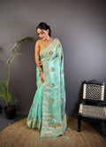 Sonakshi Women'S Sky Pure Organza Silk With Attractive Embroidery Work Traditional Saree With Blouse