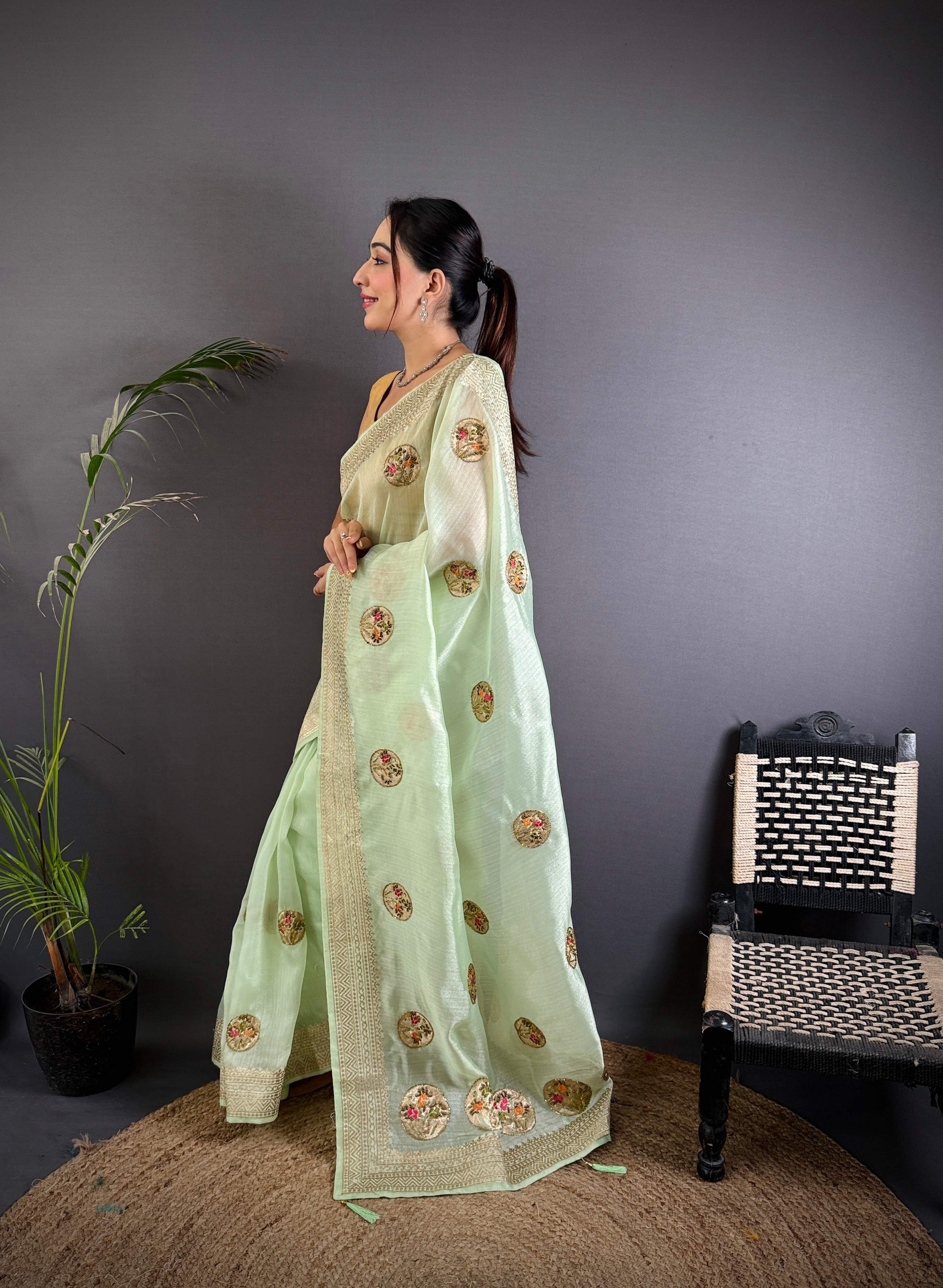 Sonakshi Women'S Pista Pure Organza Silk With Attractive Embroidery Work Traditional Saree With Blouse