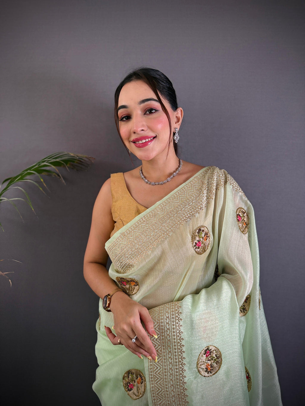 Sonakshi Women'S Pista Pure Organza Silk With Attractive Embroidery Work Traditional Saree With Blouse