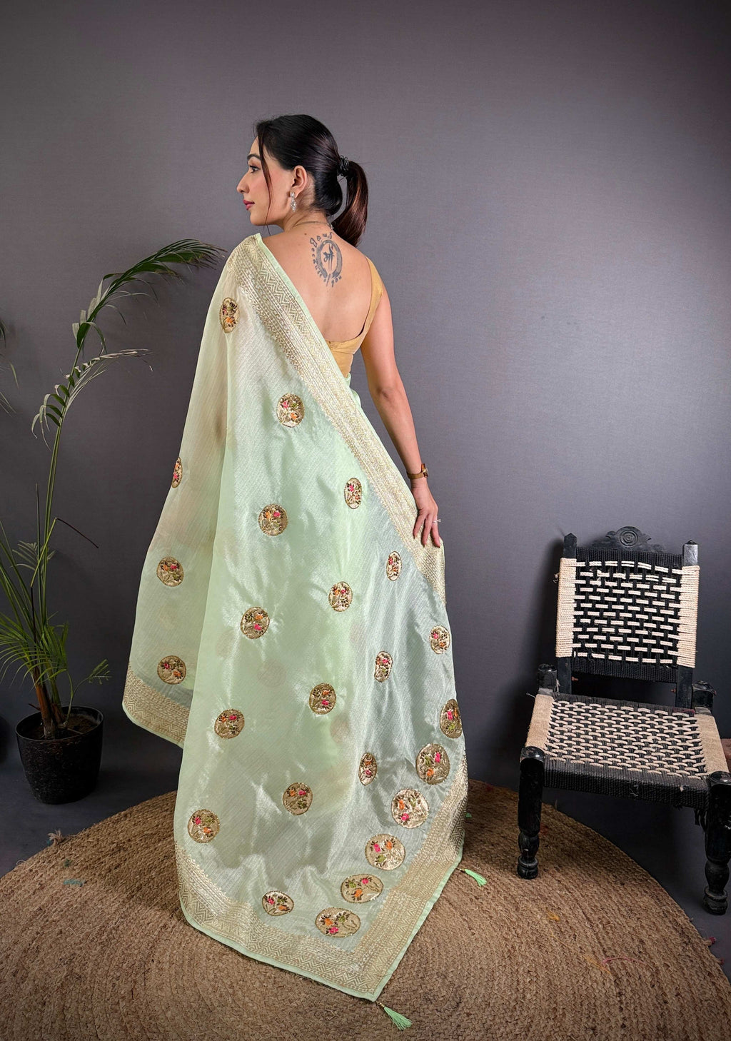 Sonakshi Women'S Pista Pure Organza Silk With Attractive Embroidery Work Traditional Saree With Blouse