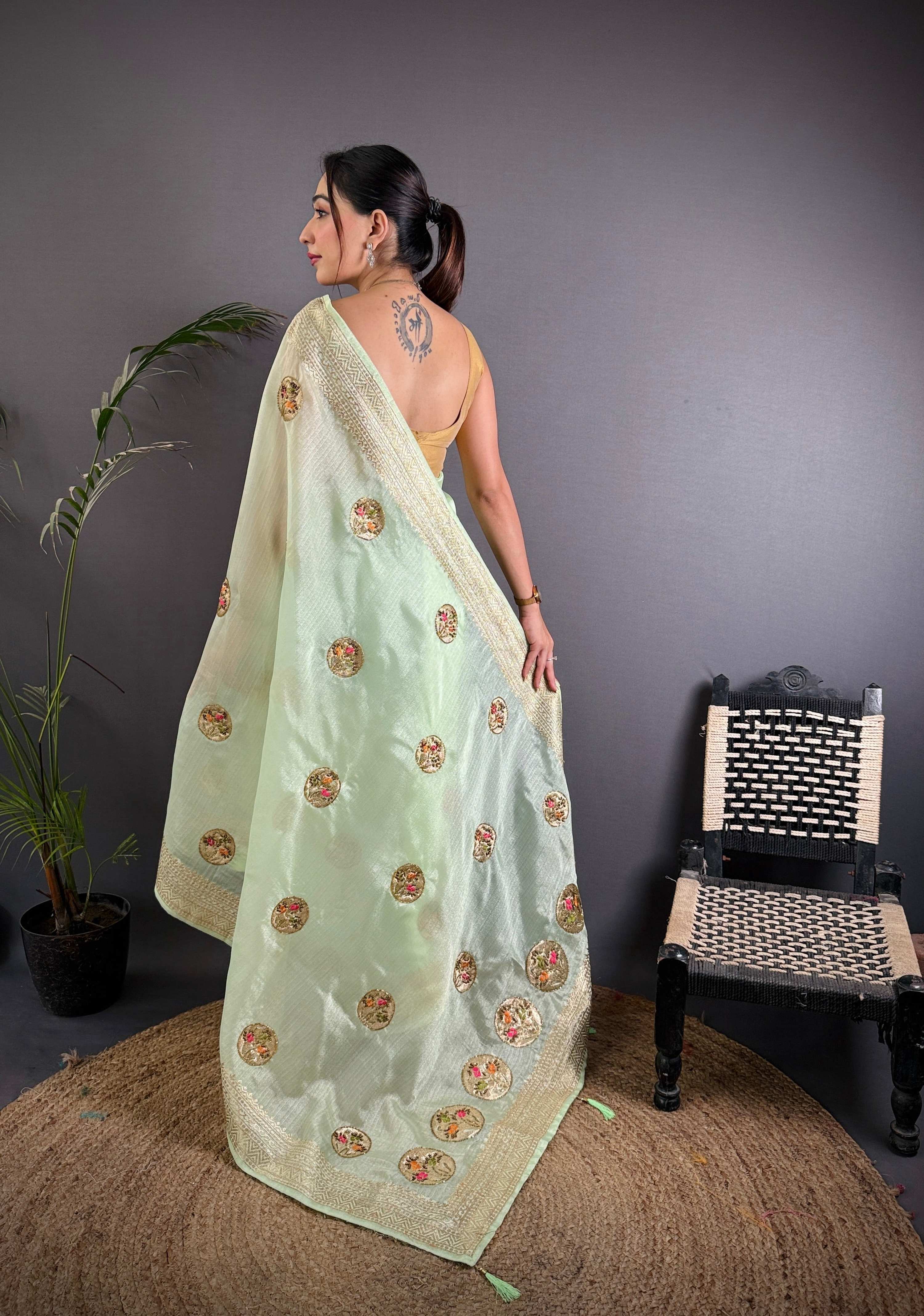 Sonakshi Women'S Pista Pure Organza Silk With Attractive Embroidery Work Traditional Saree With Blouse