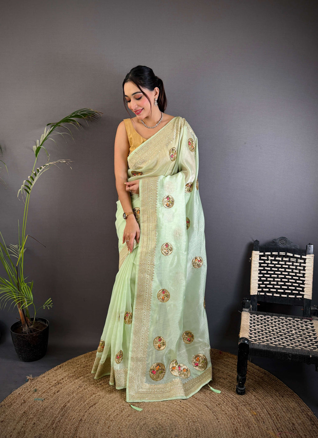 Sonakshi Women'S Pista Pure Organza Silk With Attractive Embroidery Work Traditional Saree With Blouse