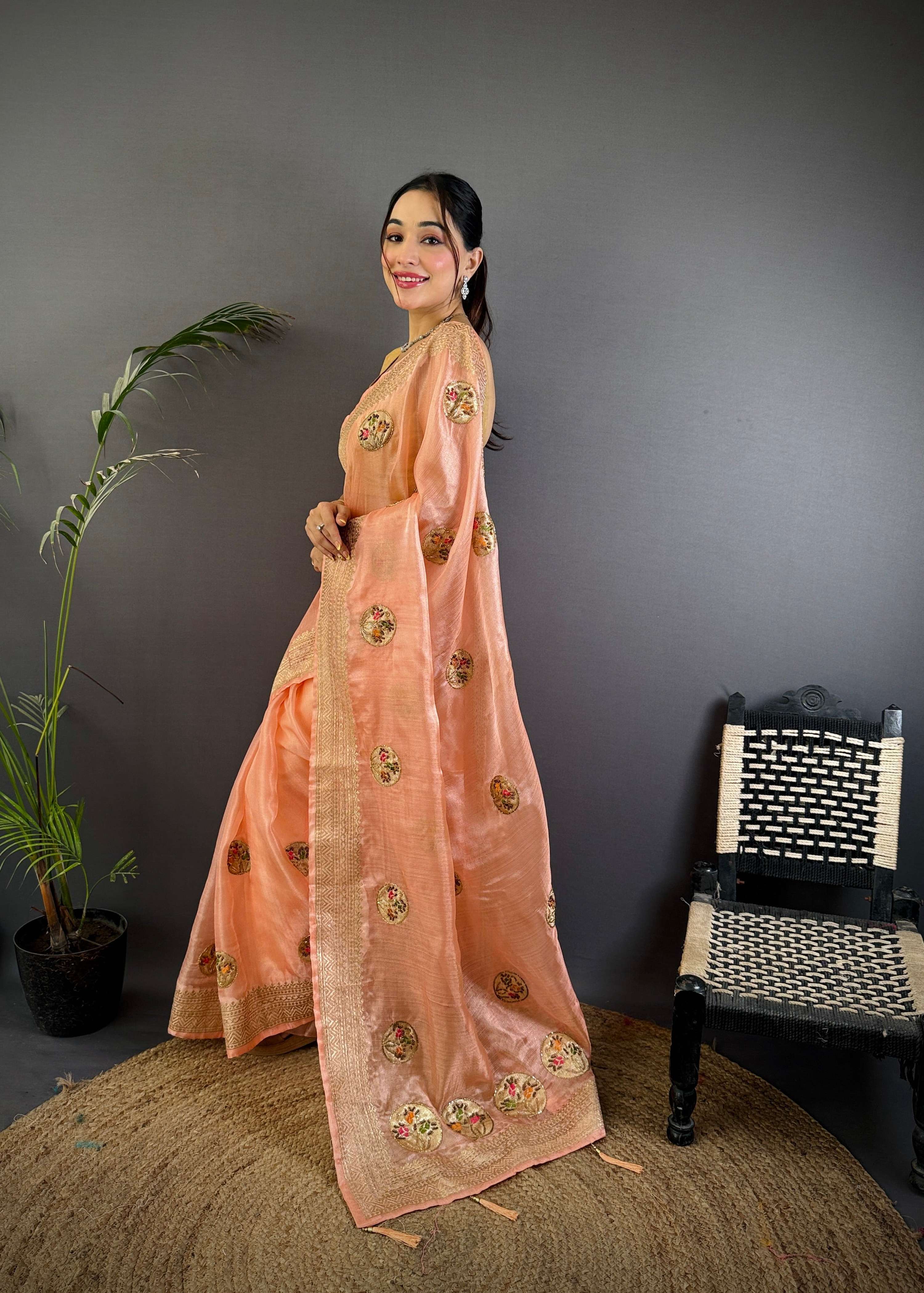 Sonakshi Women'S Peach Pure Organza Silk With Attractive Embroidery Work Traditional Saree With Blouse