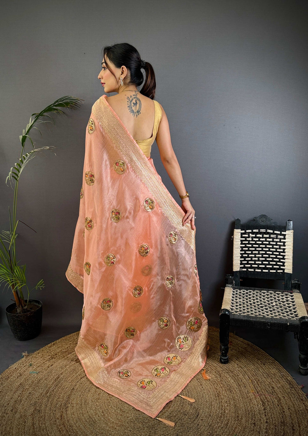 Sonakshi Women'S Peach Pure Organza Silk With Attractive Embroidery Work Traditional Saree With Blouse