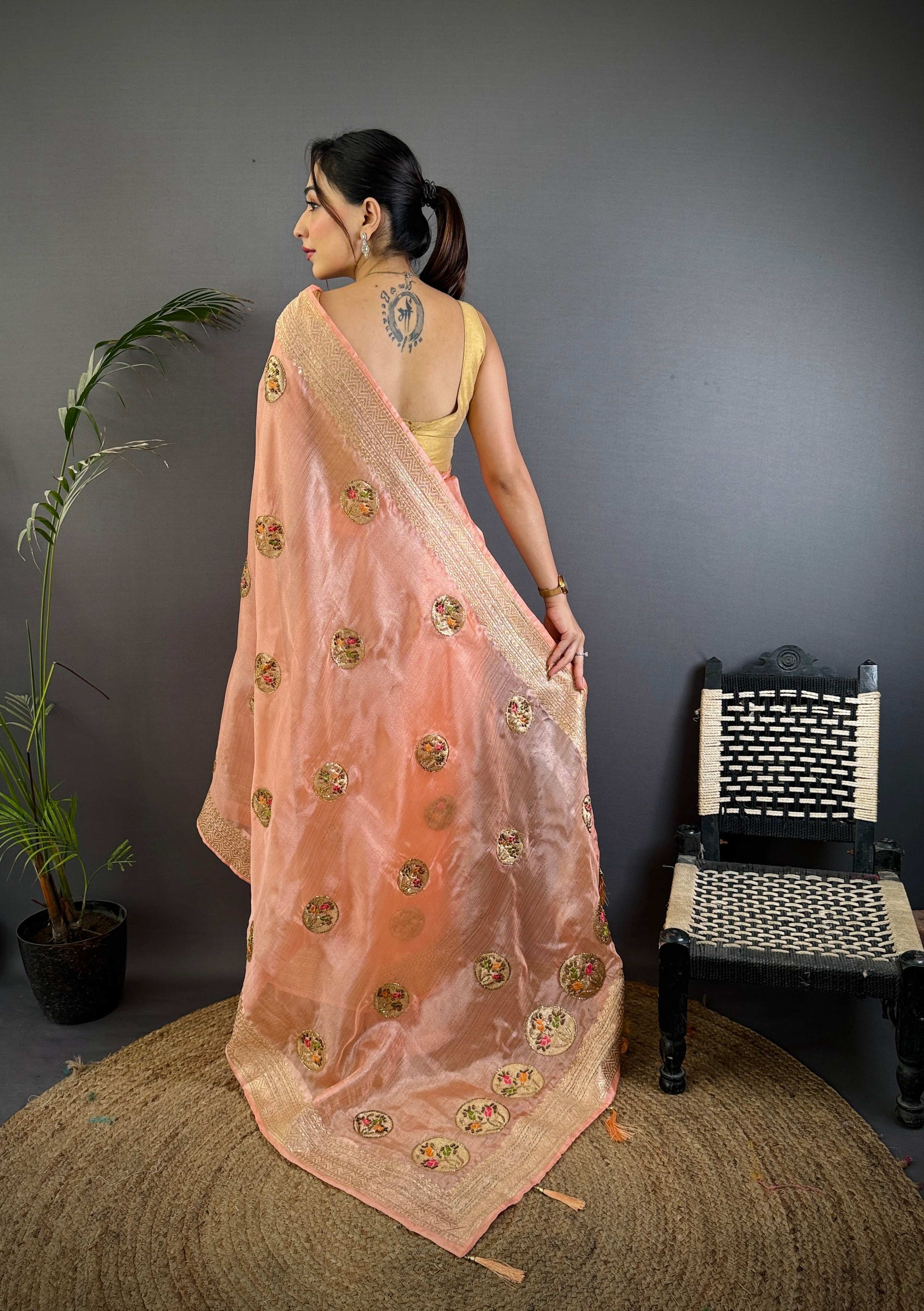 Sonakshi Women'S Peach Pure Organza Silk With Attractive Embroidery Work Traditional Saree With Blouse