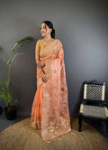 Sonakshi Women'S Peach Pure Organza Silk With Attractive Embroidery Work Traditional Saree With Blouse