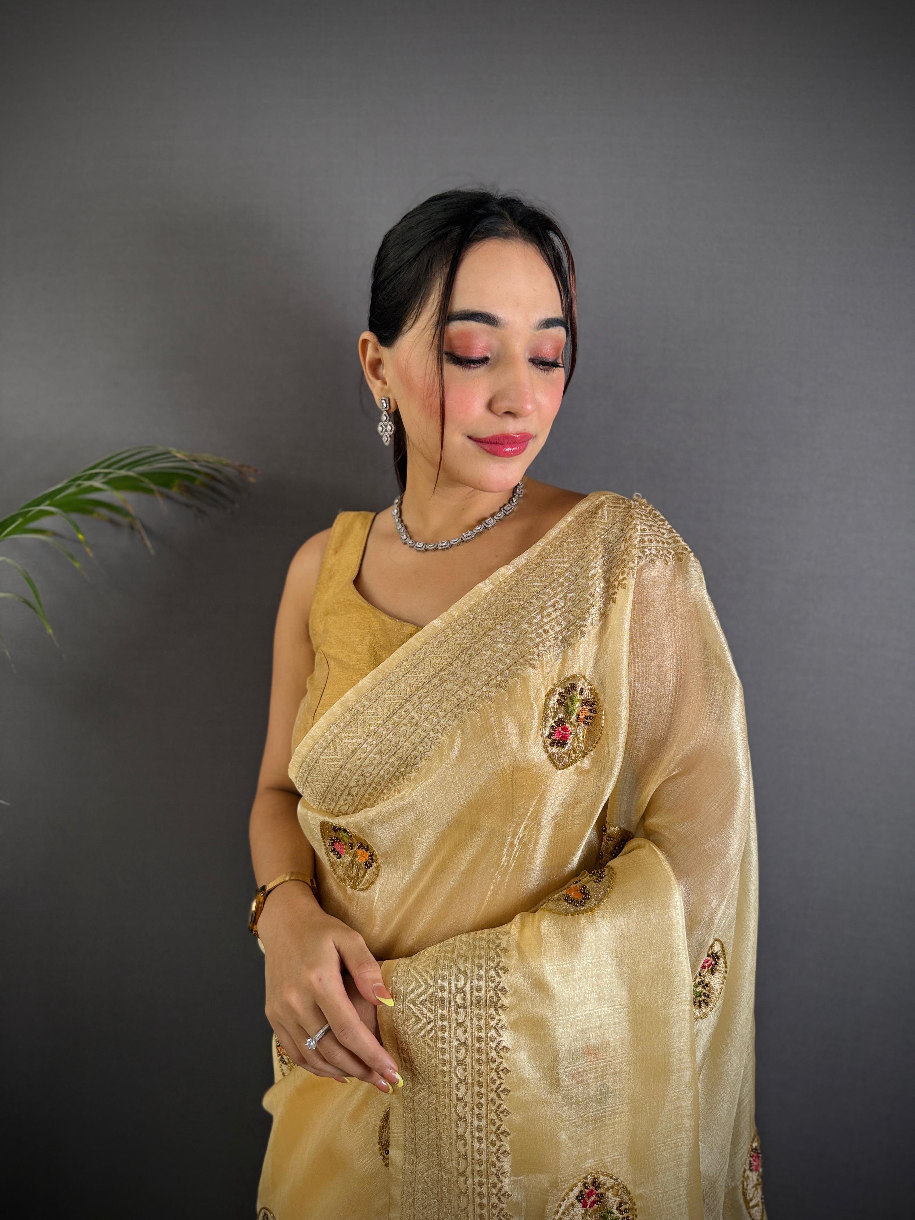 Sonakshi Women'S Chandan Pure Organza Silk With Attractive Embroidery Work Traditional Saree With Blouse
