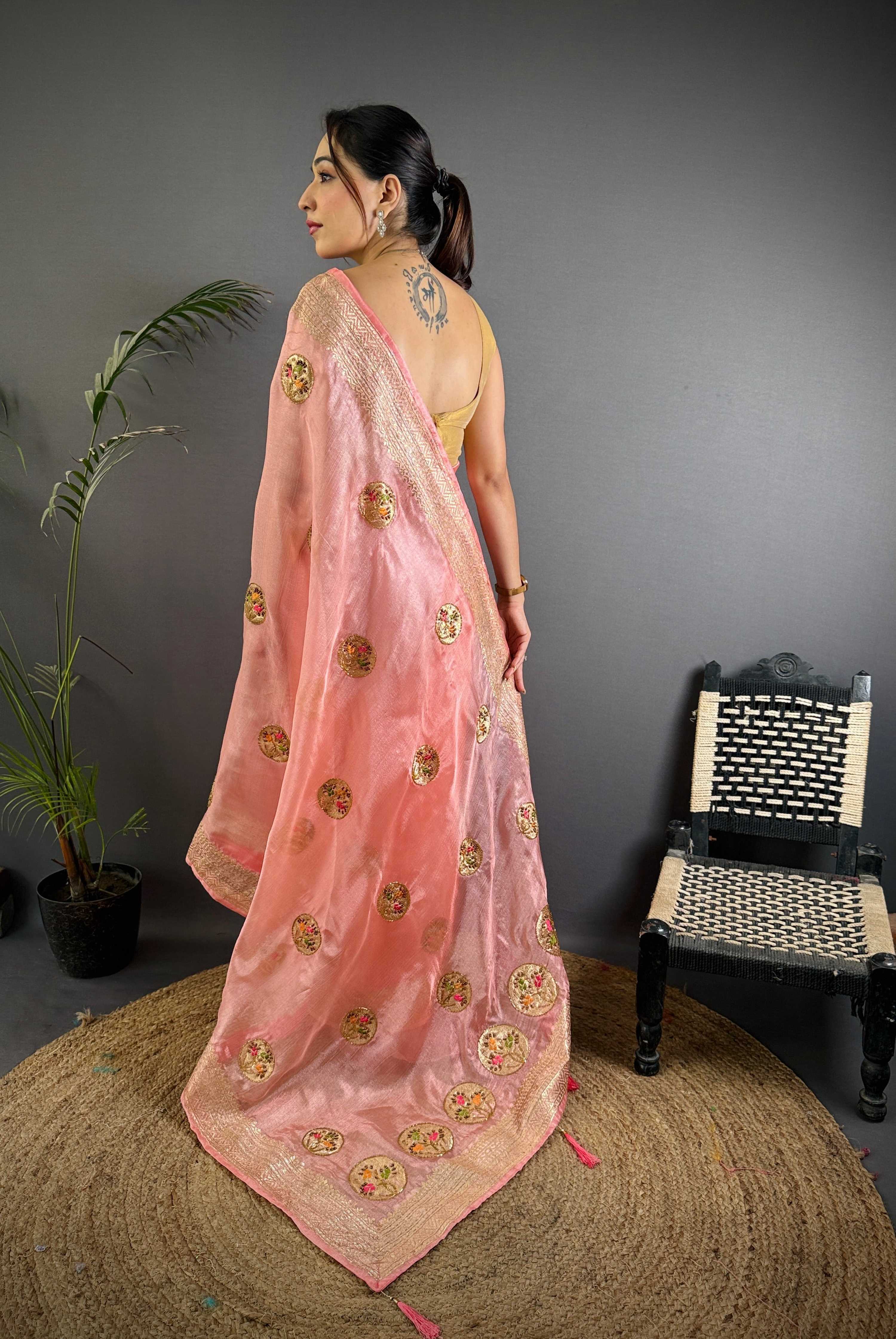 Sonakshi Women'S Gajri Pure Organza Silk With Attractive Embroidery Work Traditional Saree With Blouse