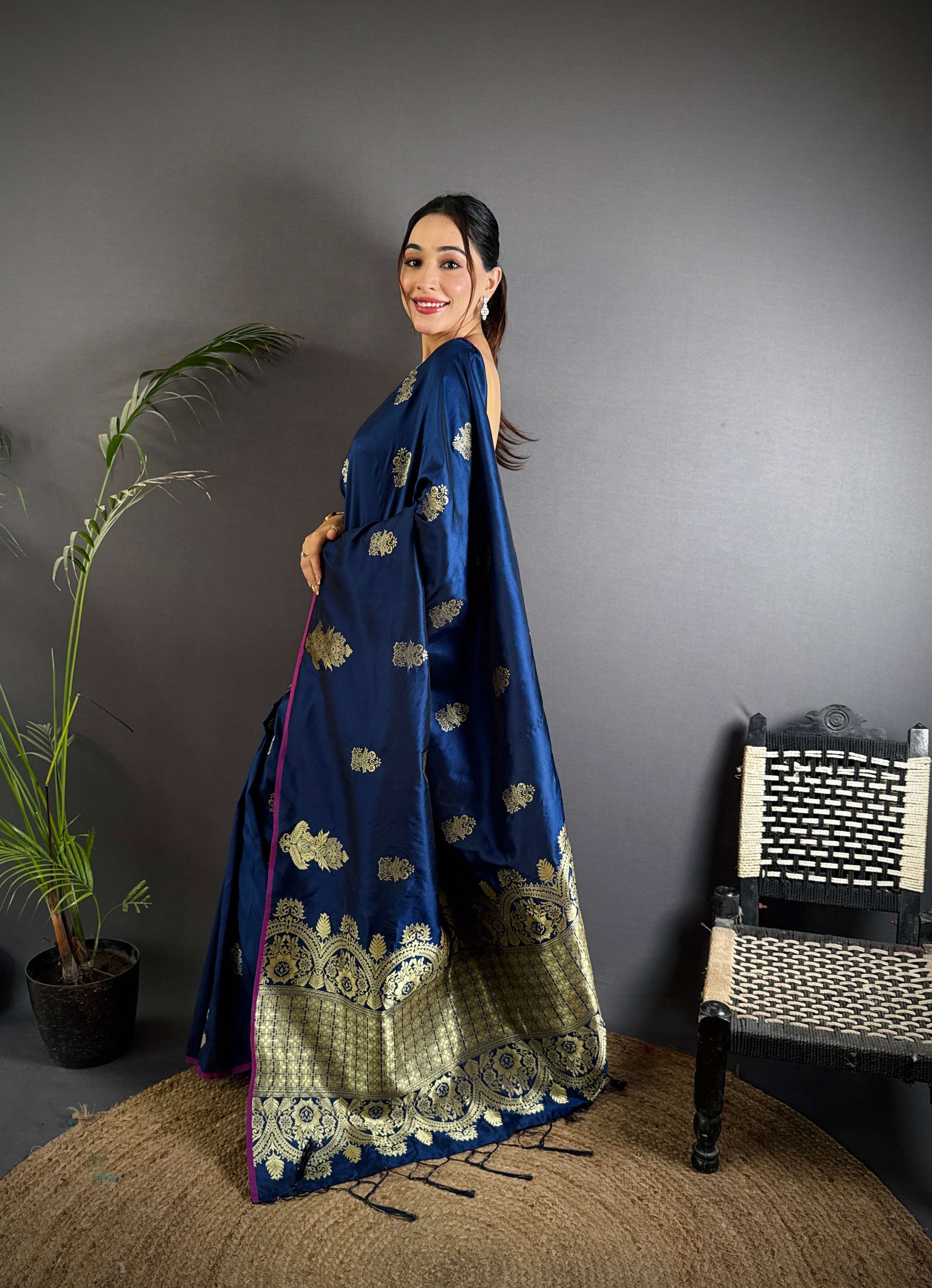 Sonakshi Women'S Blue Pure Lichi Silk With Weaving Zari Traditional Saree With Blouse