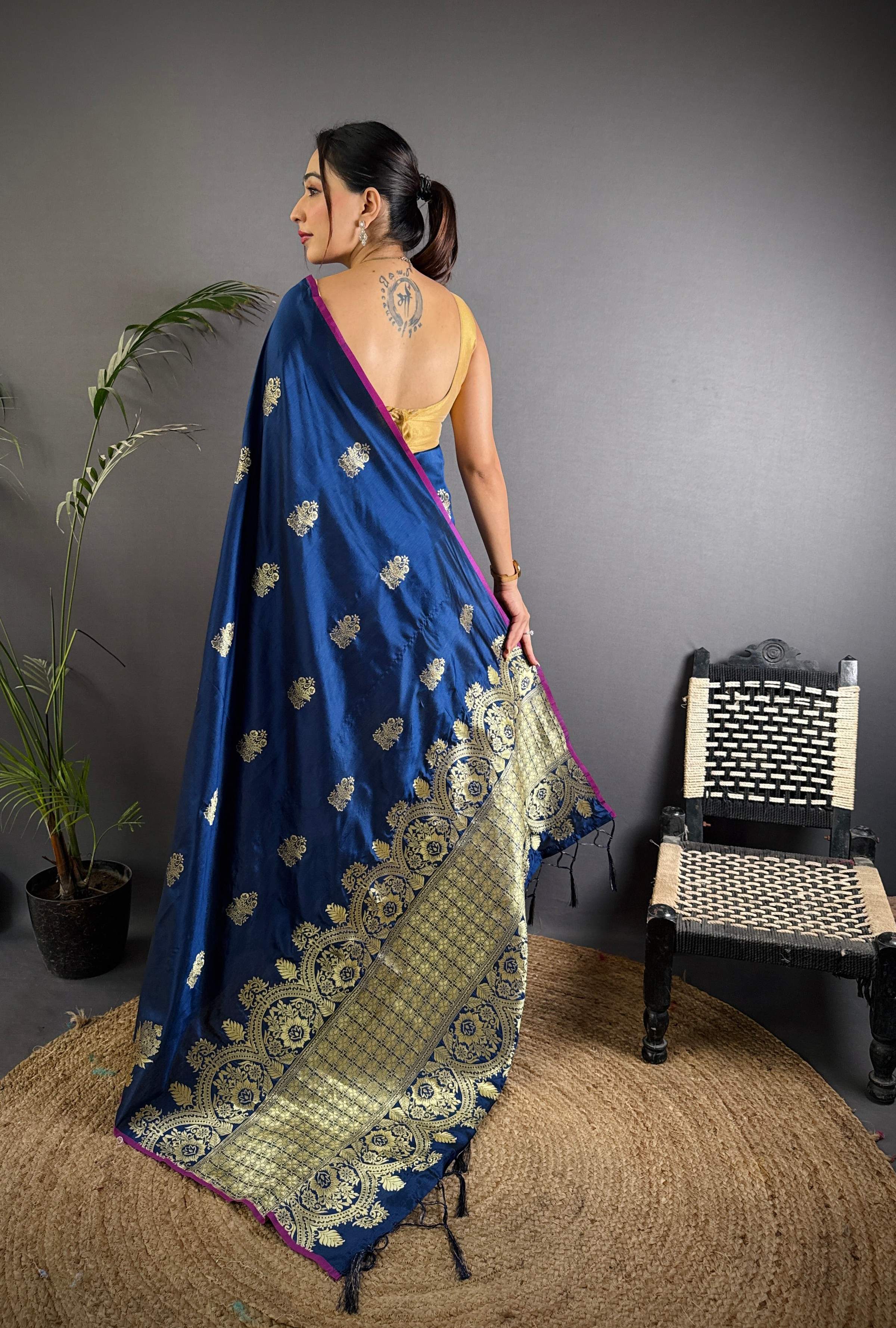 Sonakshi Women'S Blue Pure Lichi Silk With Weaving Zari Traditional Saree With Blouse