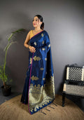 Sonakshi Women'S Blue Pure Lichi Silk With Weaving Zari Traditional Saree With Blouse