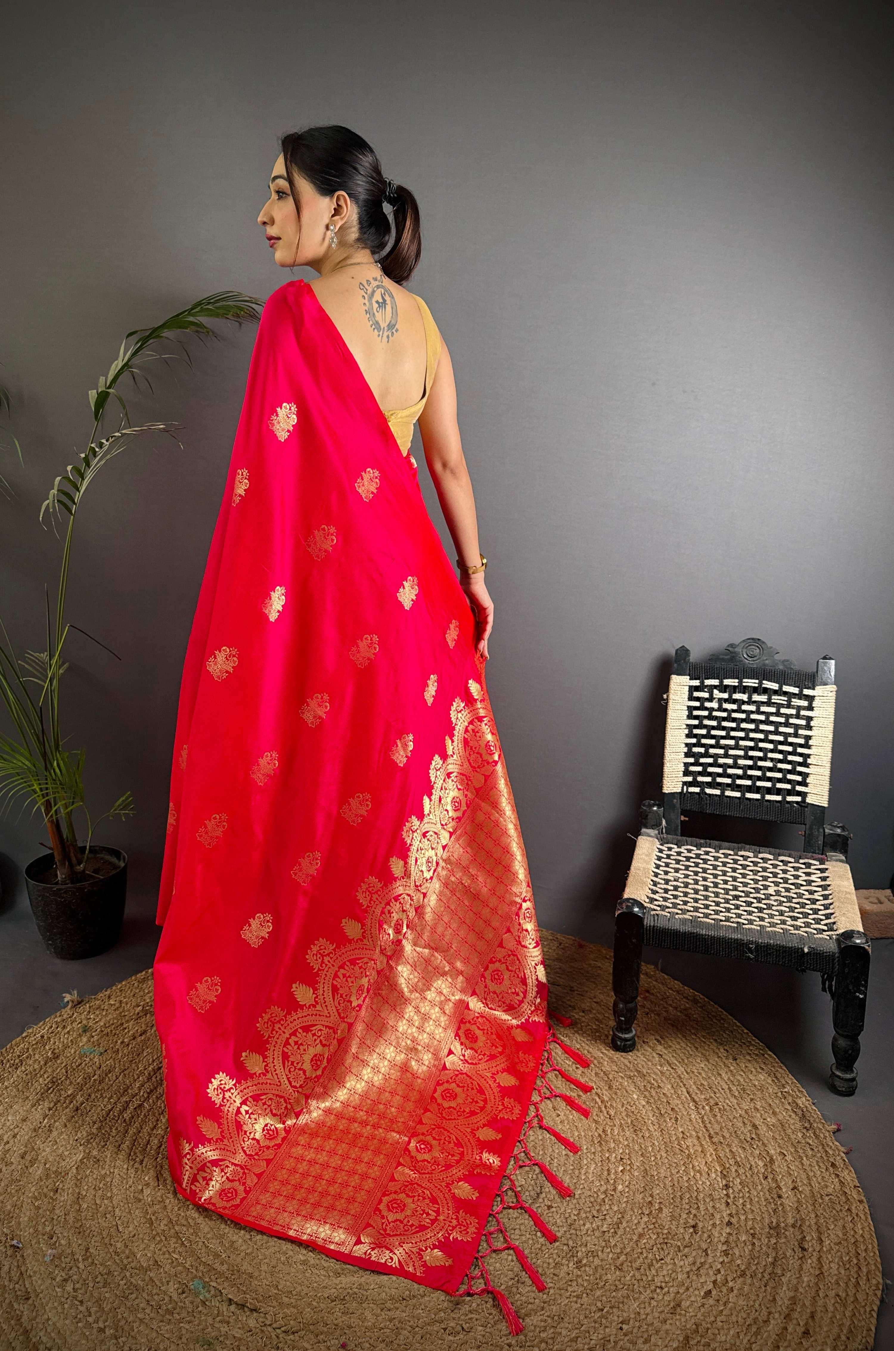 Sonakshi Women'S Ranipink Pure Lichi Silk With Weaving Zari Traditional Saree With Blouse