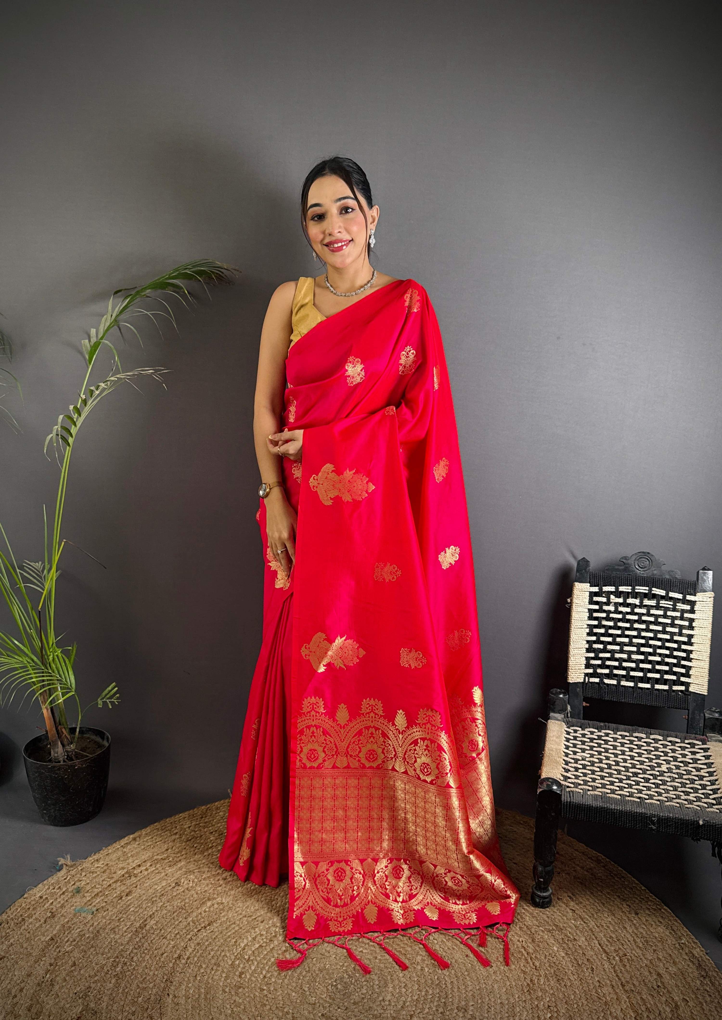 Sonakshi Women'S Ranipink Pure Lichi Silk With Weaving Zari Traditional Saree With Blouse