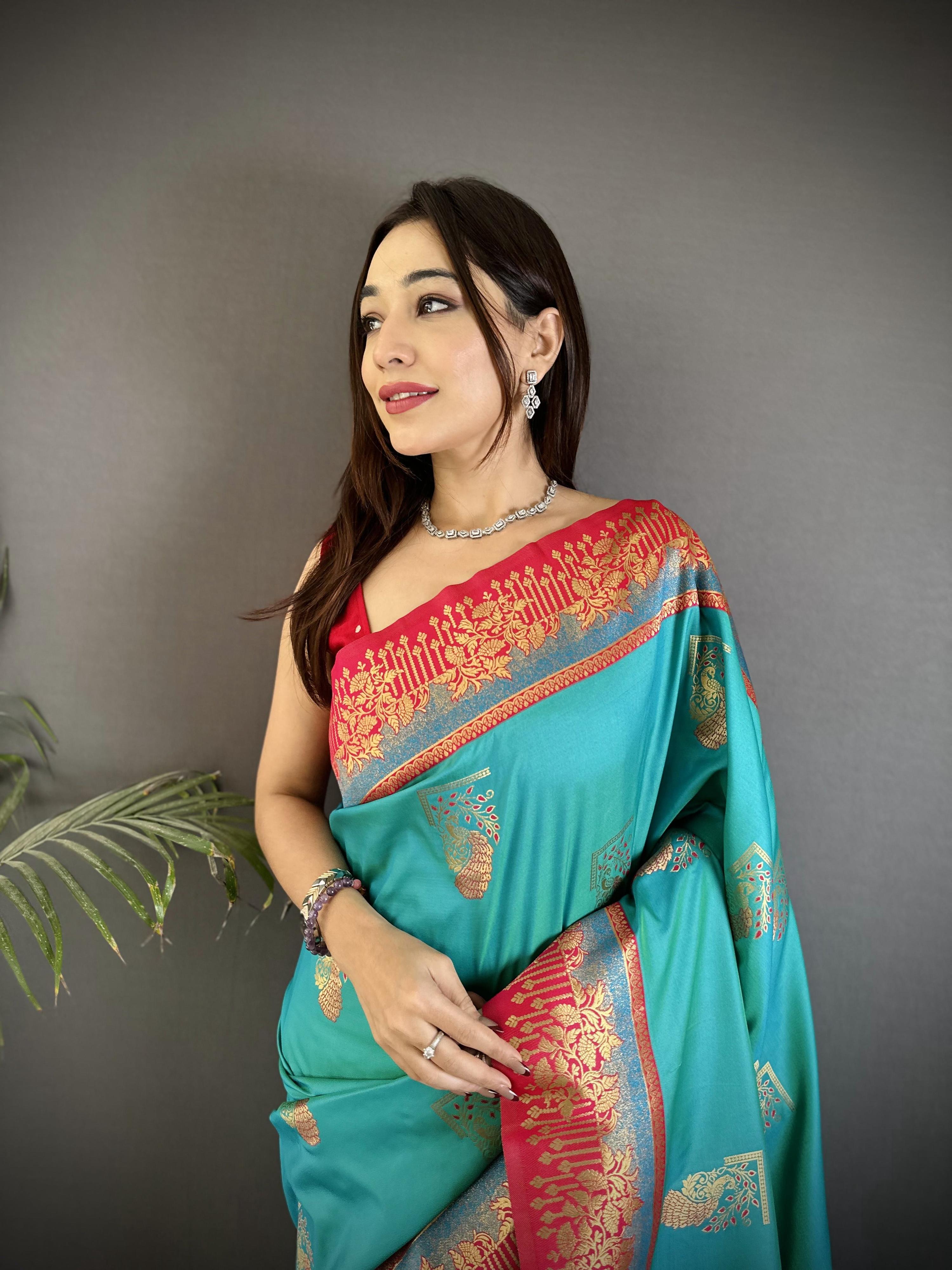 Sonakshi Women'S Teal Pure Soft Banarasi Silk With Contrast Weaving Border And Pallu Traditional Saree With Blouse