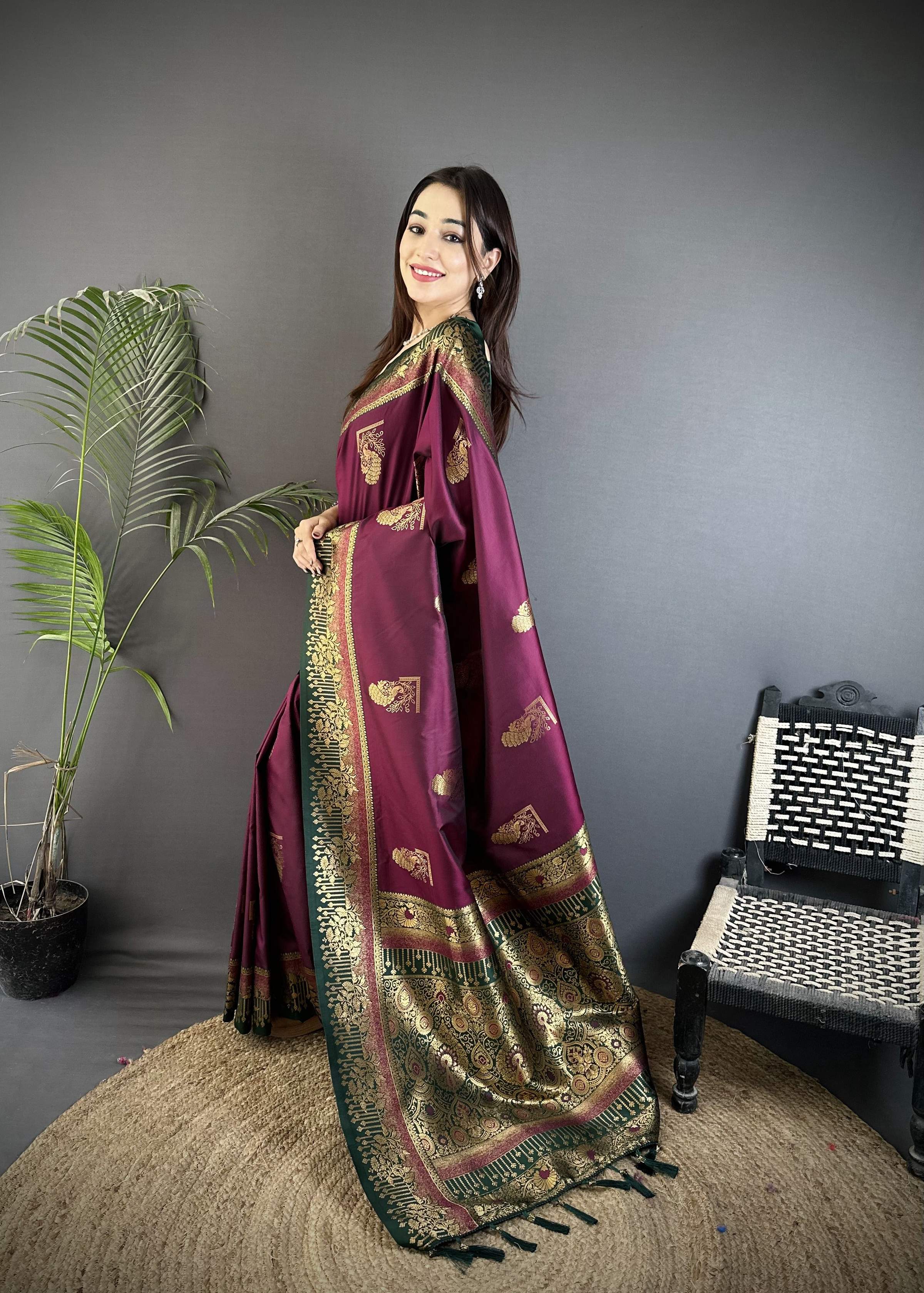 Sonakshi Women'S Wine Pure Soft Banarasi Silk With Contrast Weaving Border And Pallu Traditional Saree With Blouse