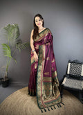 Sonakshi Women'S Wine Pure Soft Banarasi Silk With Contrast Weaving Border And Pallu Traditional Saree With Blouse