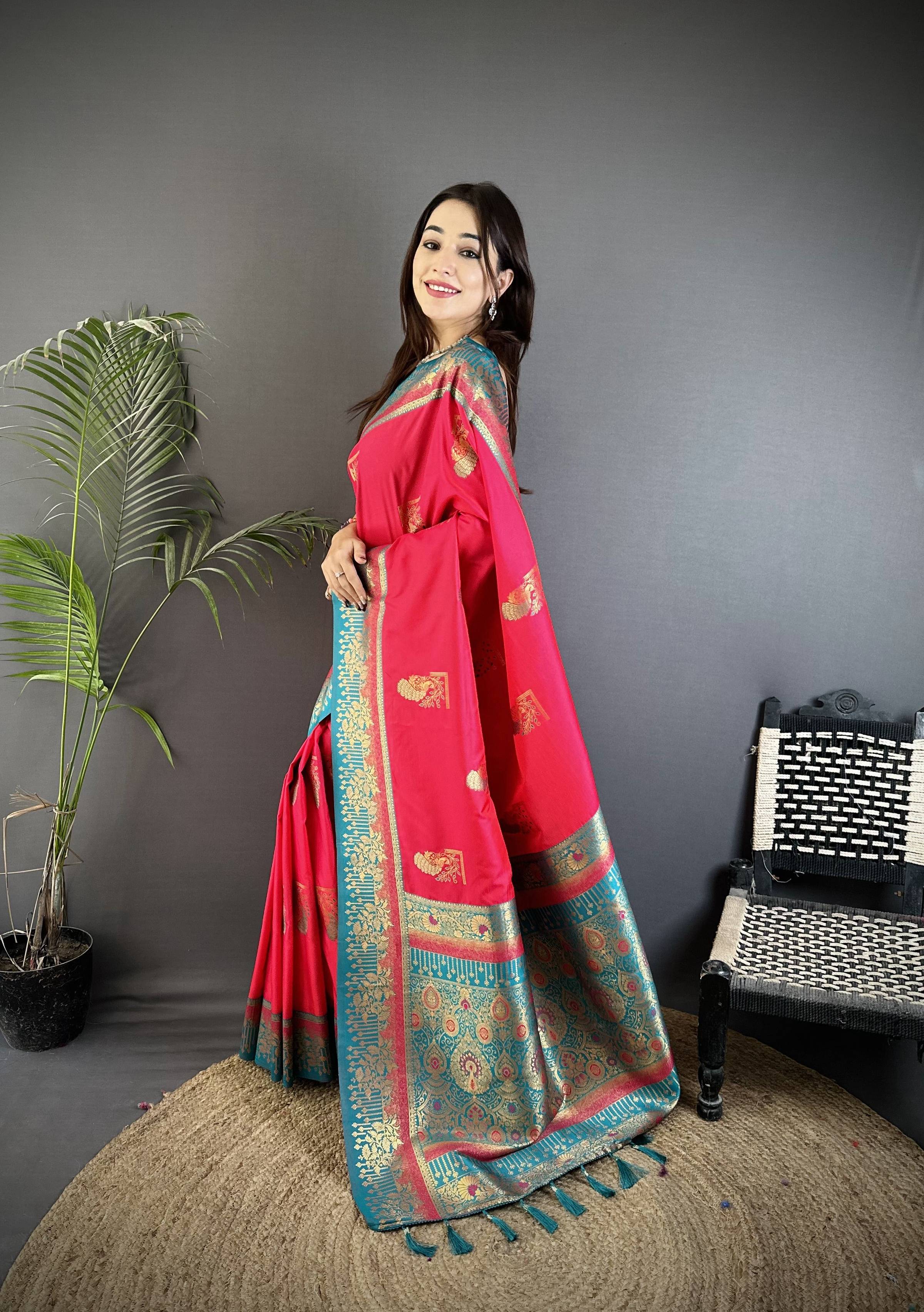 Sonakshi Women'S Ranipink Pure Soft Banarasi Silk With Contrast Weaving Border And Pallu Traditional Saree With Blouse