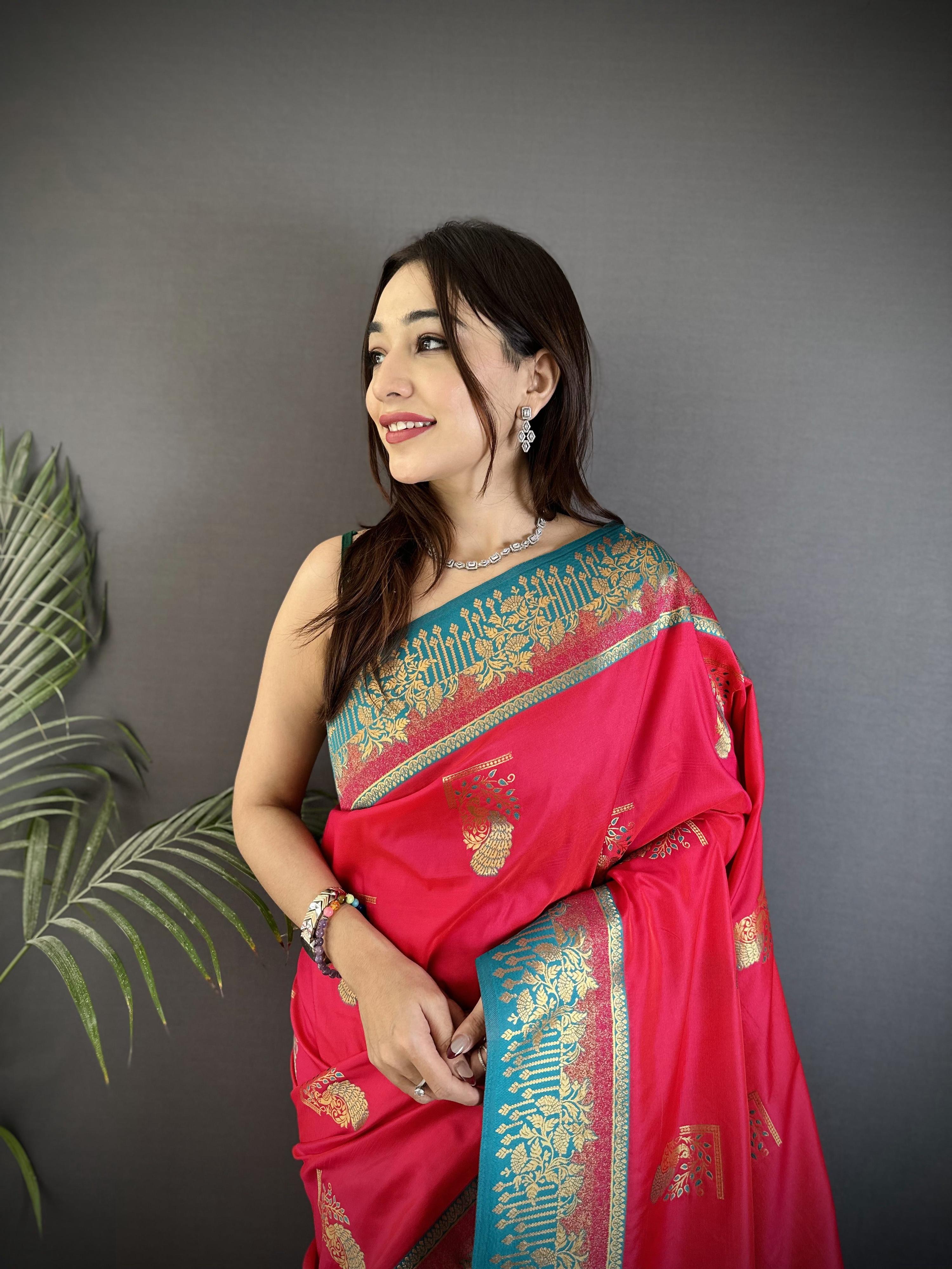 Sonakshi Women'S Ranipink Pure Soft Banarasi Silk With Contrast Weaving Border And Pallu Traditional Saree With Blouse