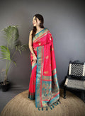 Sonakshi Women'S Ranipink Pure Soft Banarasi Silk With Contrast Weaving Border And Pallu Traditional Saree With Blouse