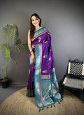 Sonakshi Women'S Blue Pure Soft Banarasi Silk With Contrast Weaving Border And Pallu Traditional Saree With Blouse