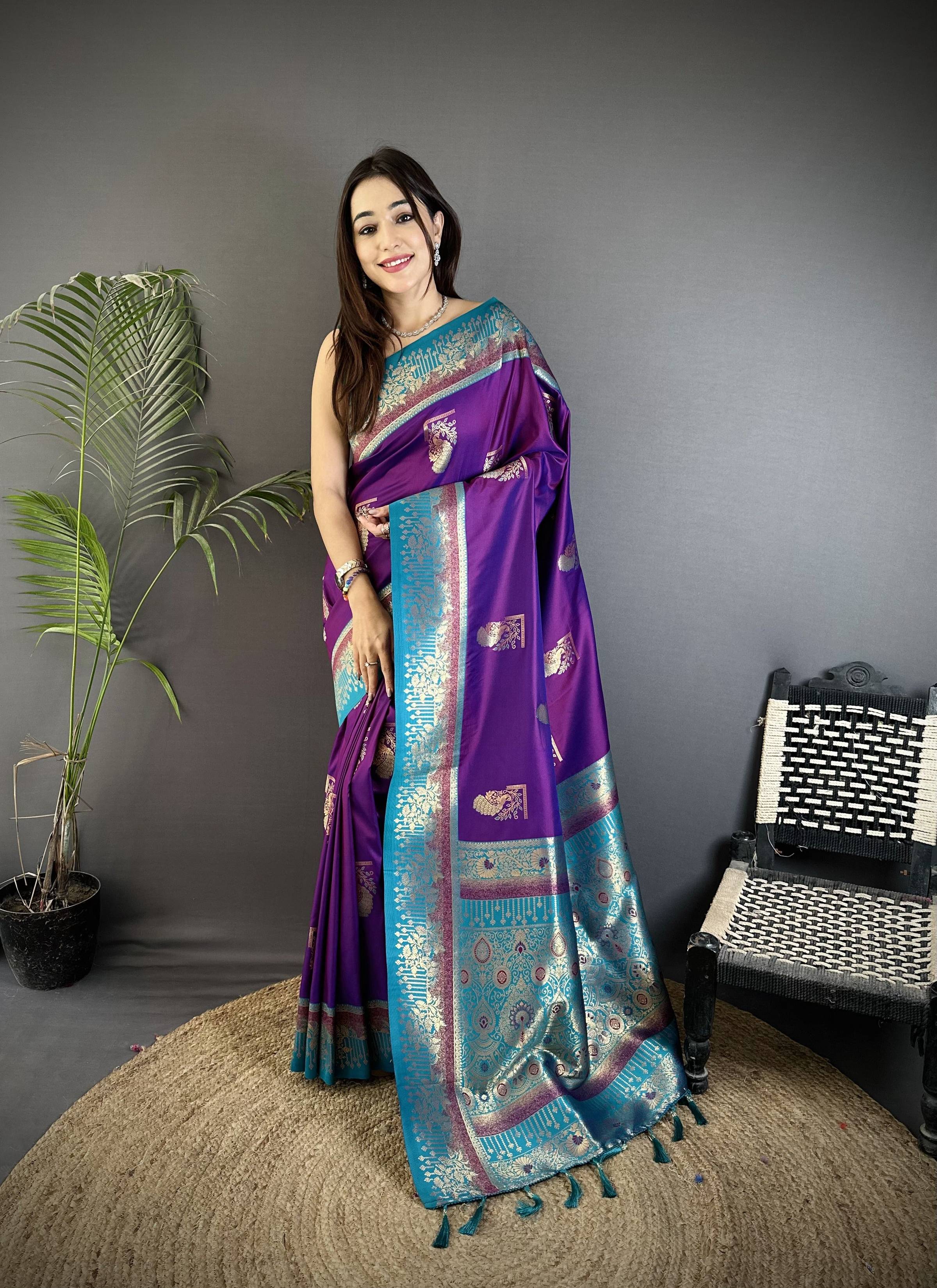 Sonakshi Women'S Blue Pure Soft Banarasi Silk With Contrast Weaving Border And Pallu Traditional Saree With Blouse