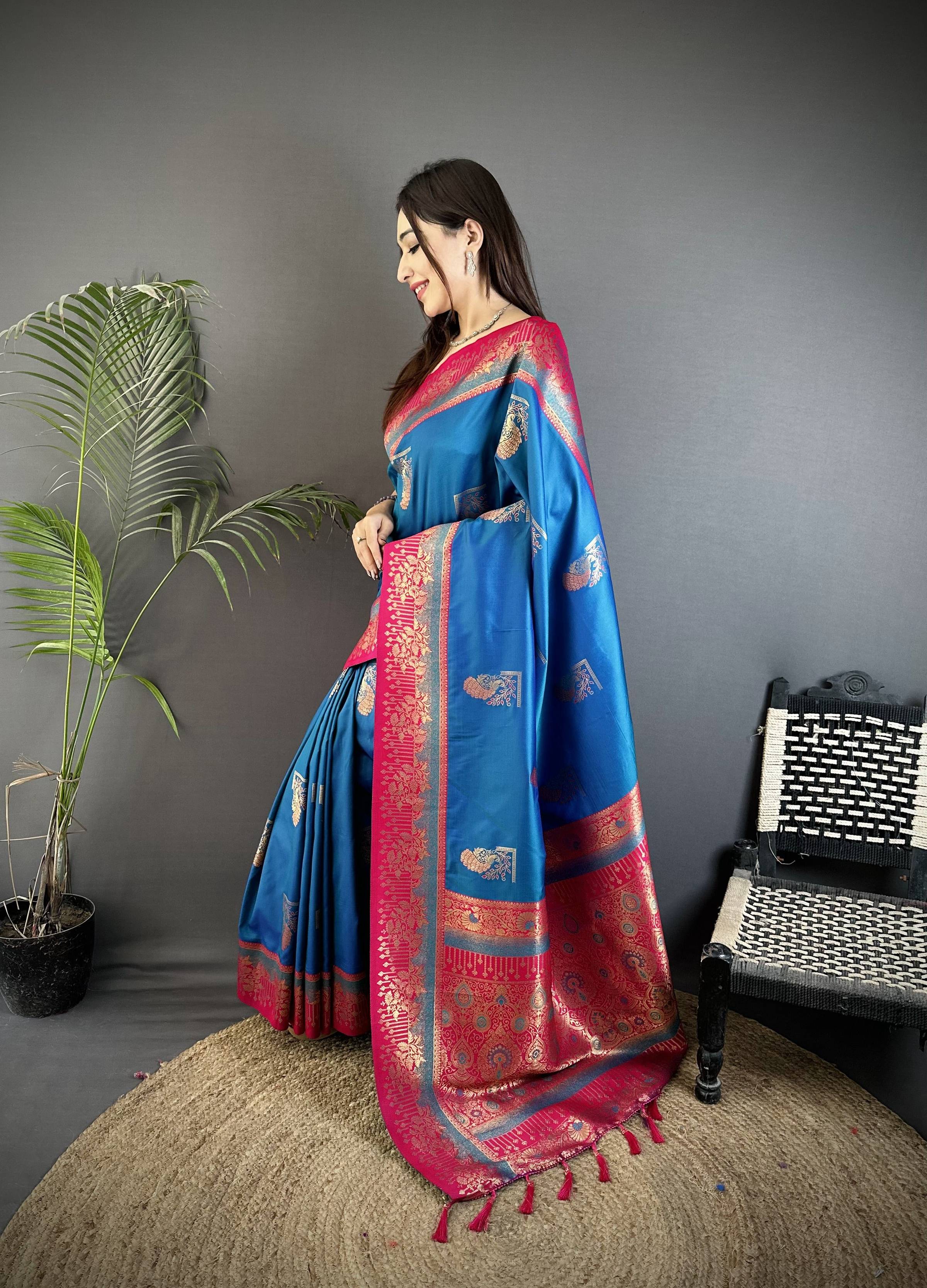 Sonakshi Women'S Morepank Pure Soft Banarasi Silk With Contrast Weaving Border And Pallu Traditional Saree With Blouse