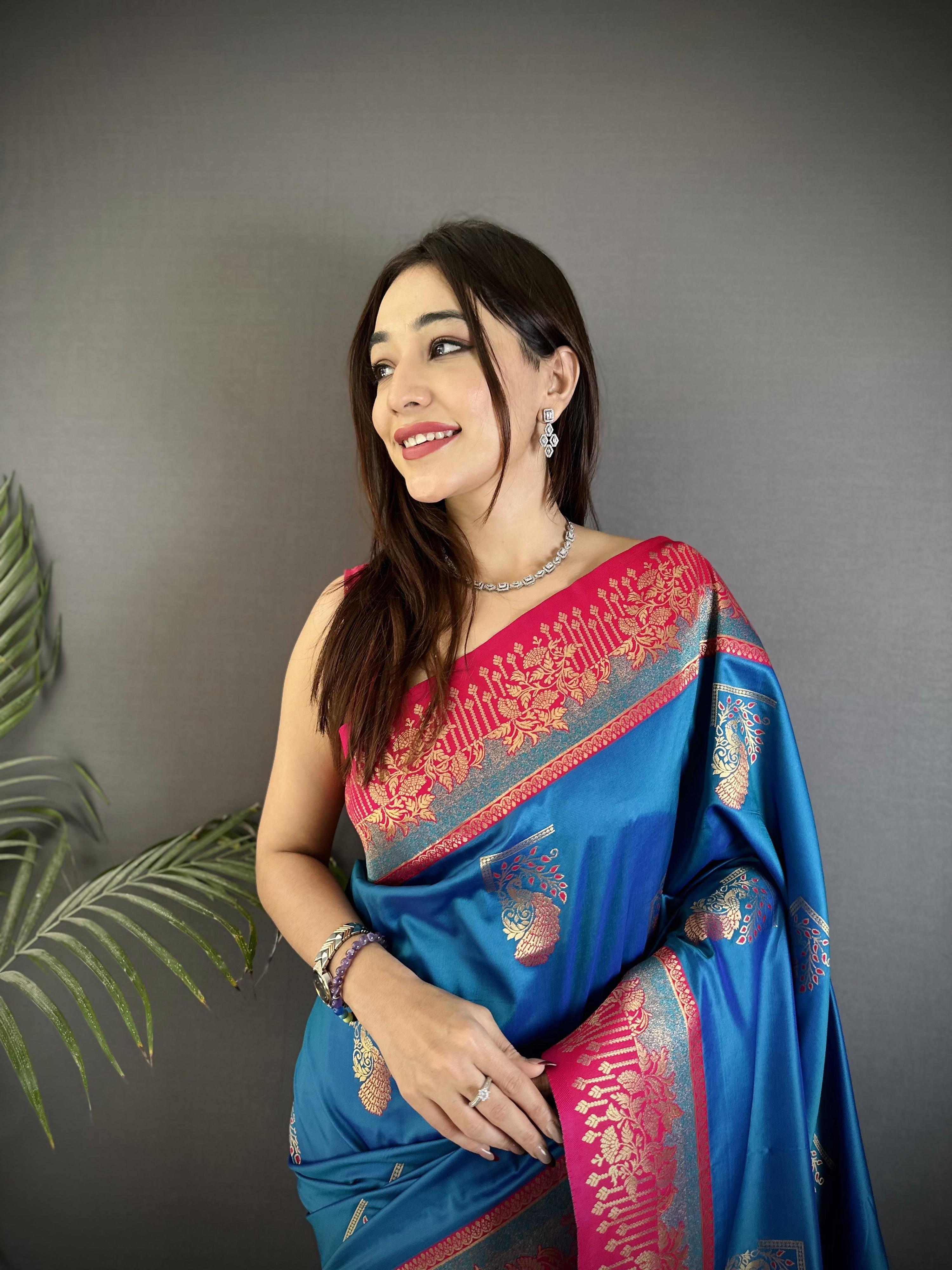 Sonakshi Women'S Morepank Pure Soft Banarasi Silk With Contrast Weaving Border And Pallu Traditional Saree With Blouse