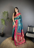 Sonakshi Women'S Teal Pure Soft Banarasi Silk With Contrast Weaving Border And Pallu Traditional Saree With Blouse