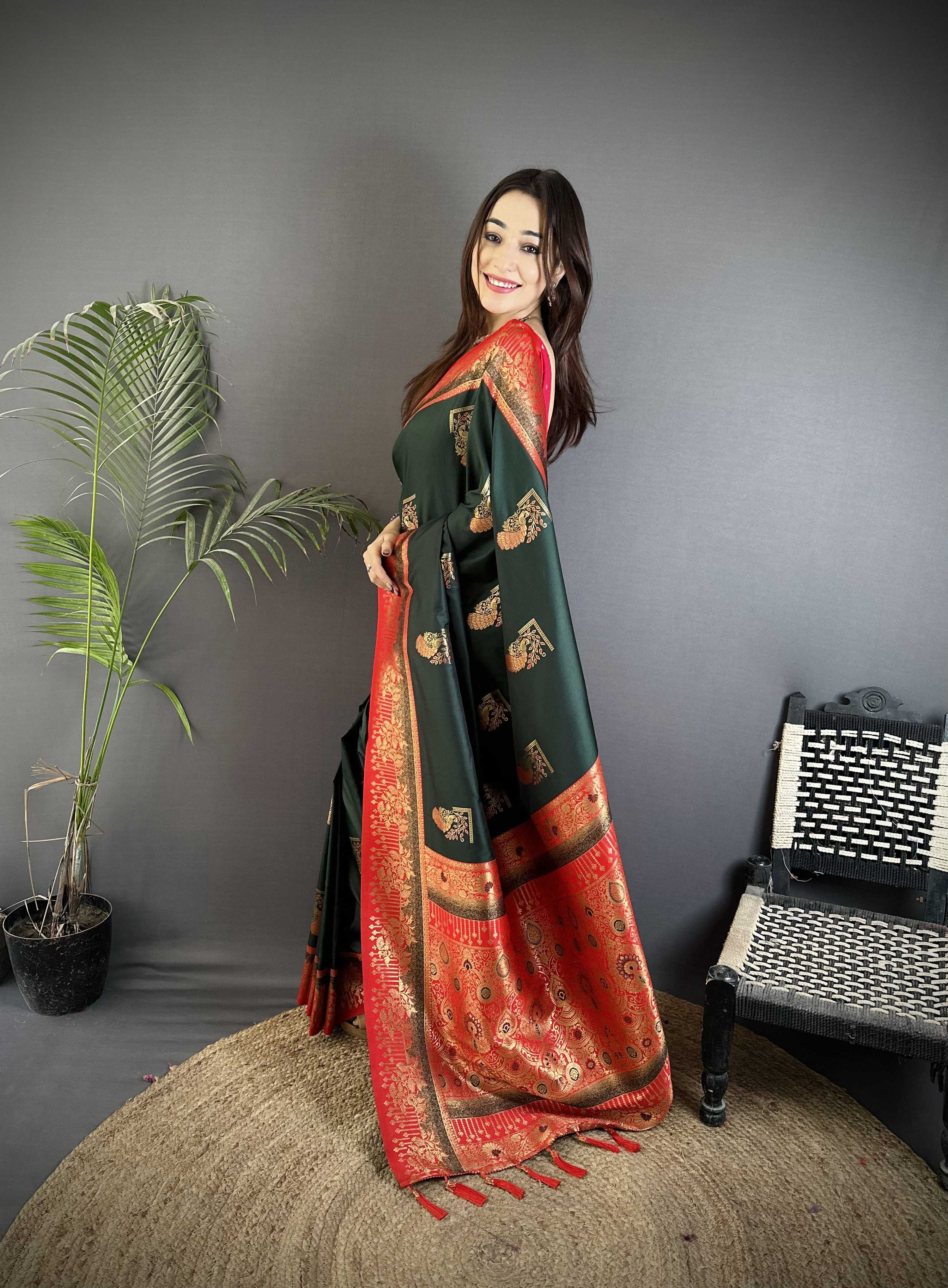 Sonakshi Women'S Black Pure Soft Banarasi Silk With Contrast Weaving Border And Pallu Traditional Saree With Blouse