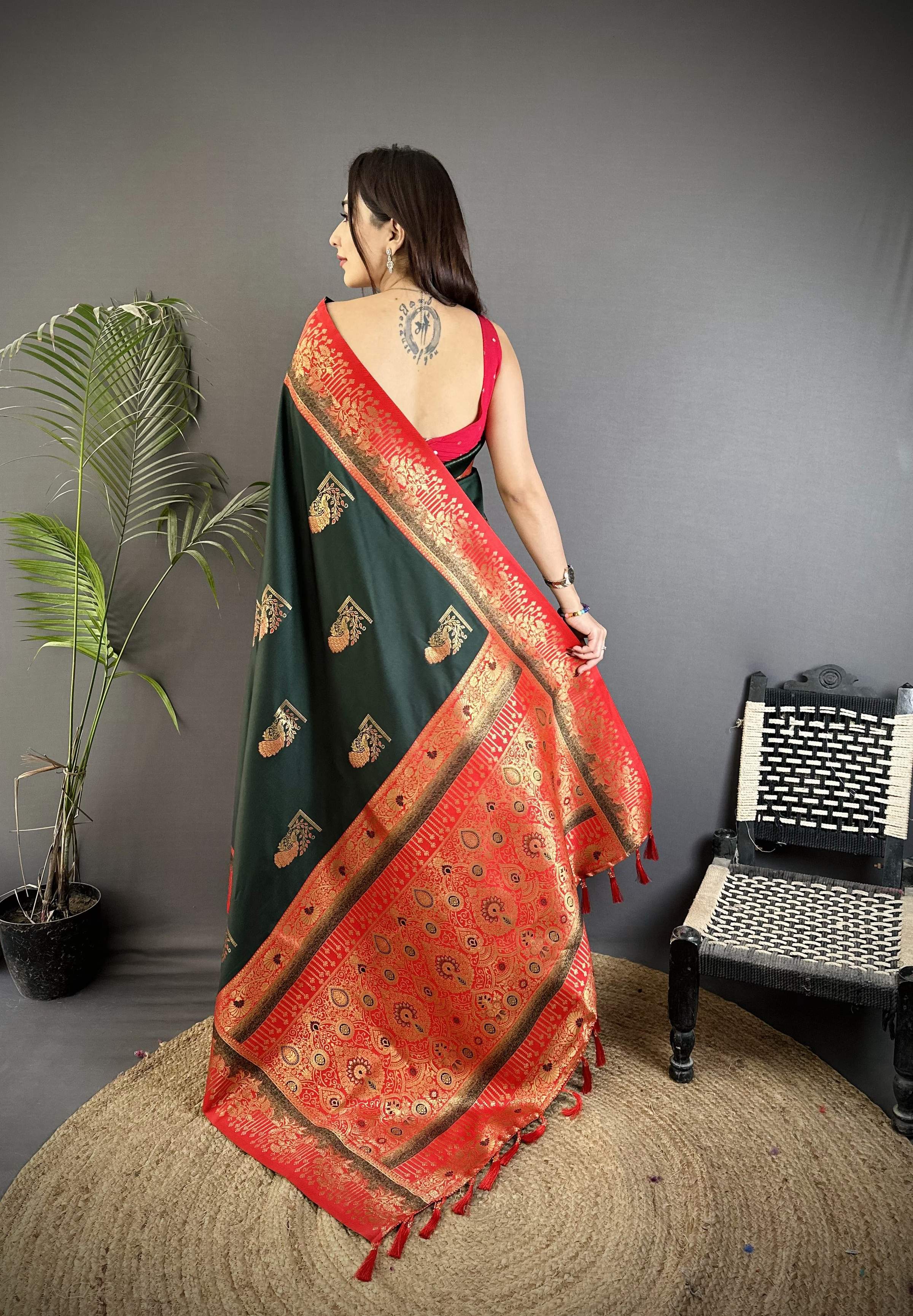 Sonakshi Women'S Black Pure Soft Banarasi Silk With Contrast Weaving Border And Pallu Traditional Saree With Blouse