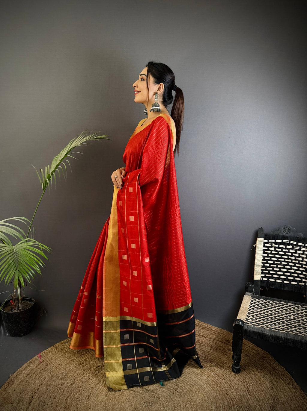 Sonakshi Women's Red Soft Cotton Silk Golden Zari Weaving Traditional Saree with Blouse