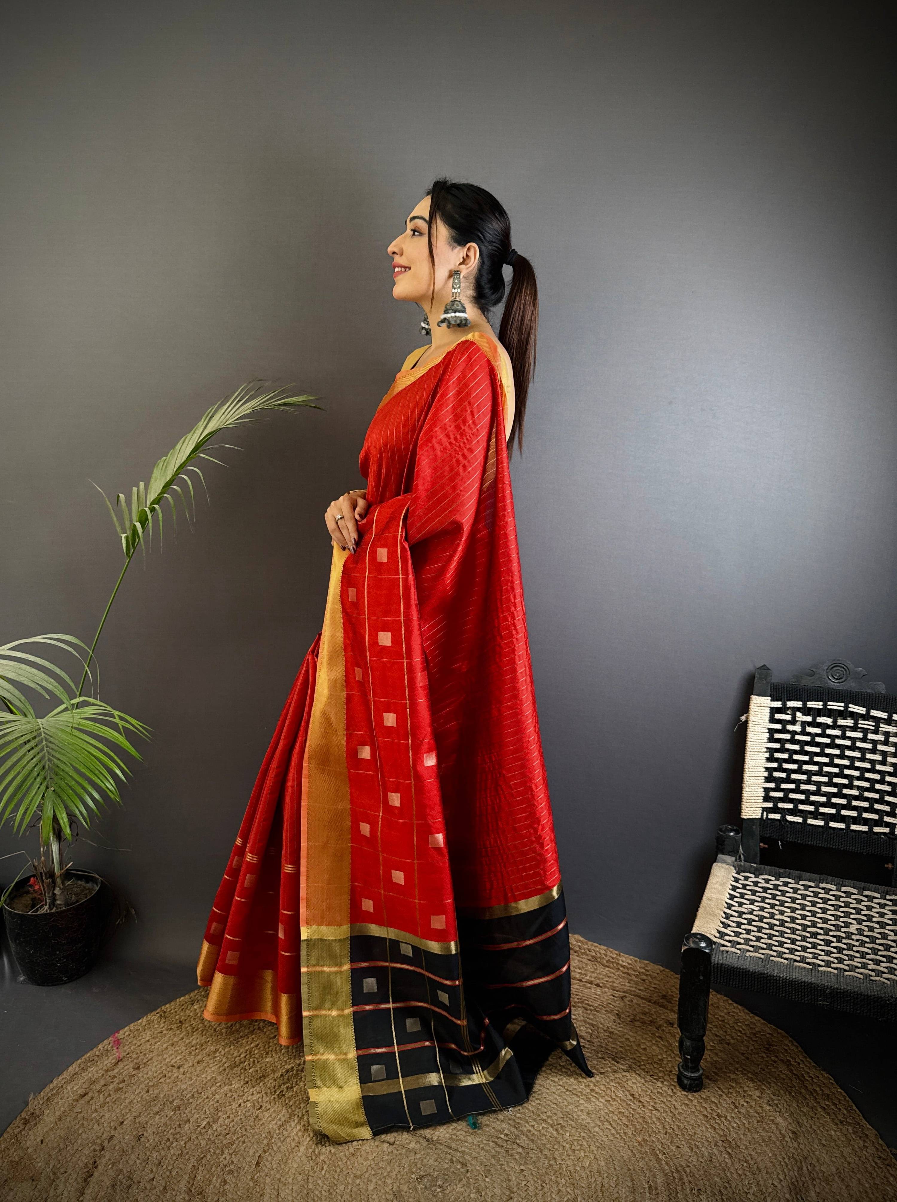 Sonakshi Women's Red Soft Cotton Silk Golden Zari Weaving Traditional Saree with Blouse