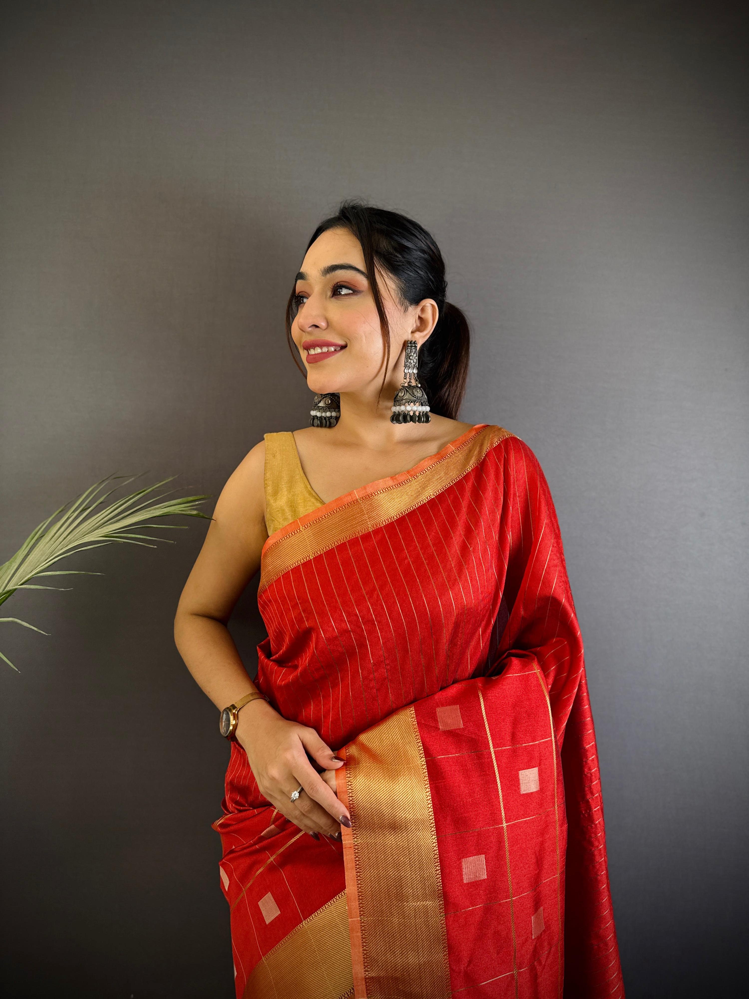 Sonakshi Women's Red Soft Cotton Silk Golden Zari Weaving Traditional Saree with Blouse