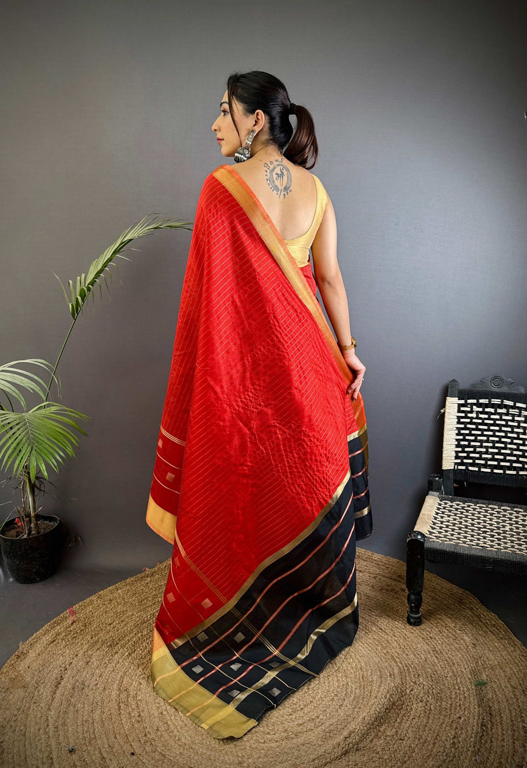 Sonakshi Women's Red Soft Cotton Silk Golden Zari Weaving Traditional Saree with Blouse
