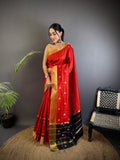 Sonakshi Women's Red Soft Cotton Silk Golden Zari Weaving Traditional Saree with Blouse