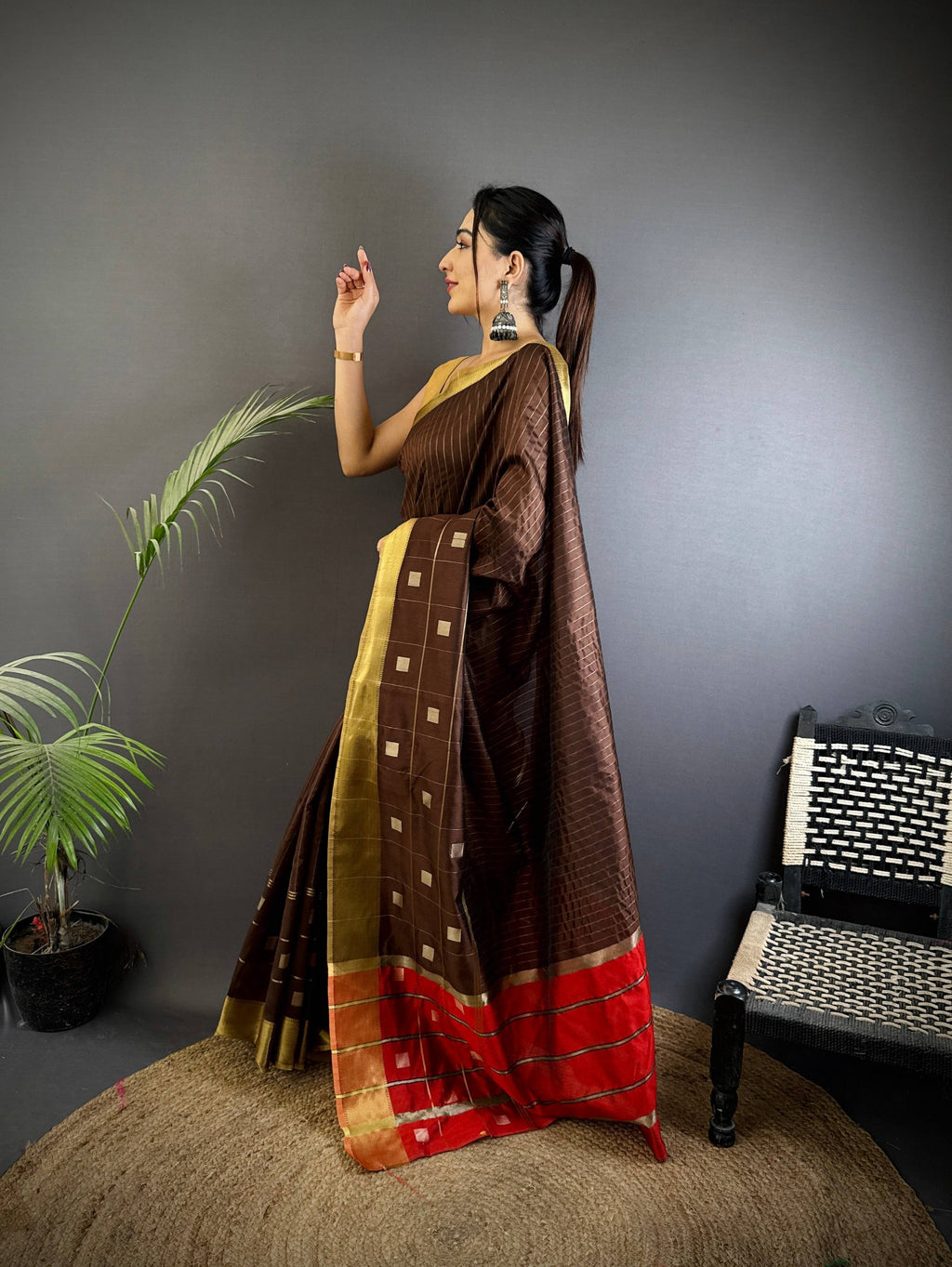 Sonakshi Women's Coffie Soft Cotton Silk Golden Zari Weaving Traditional Saree with Blouse