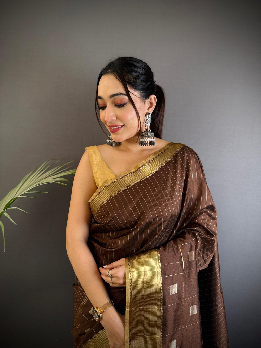 Sonakshi Women's Coffie Soft Cotton Silk Golden Zari Weaving Traditional Saree with Blouse
