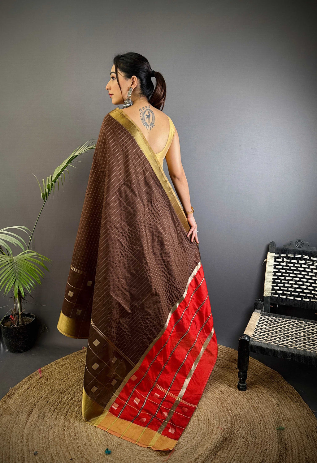 Sonakshi Women's Coffie Soft Cotton Silk Golden Zari Weaving Traditional Saree with Blouse