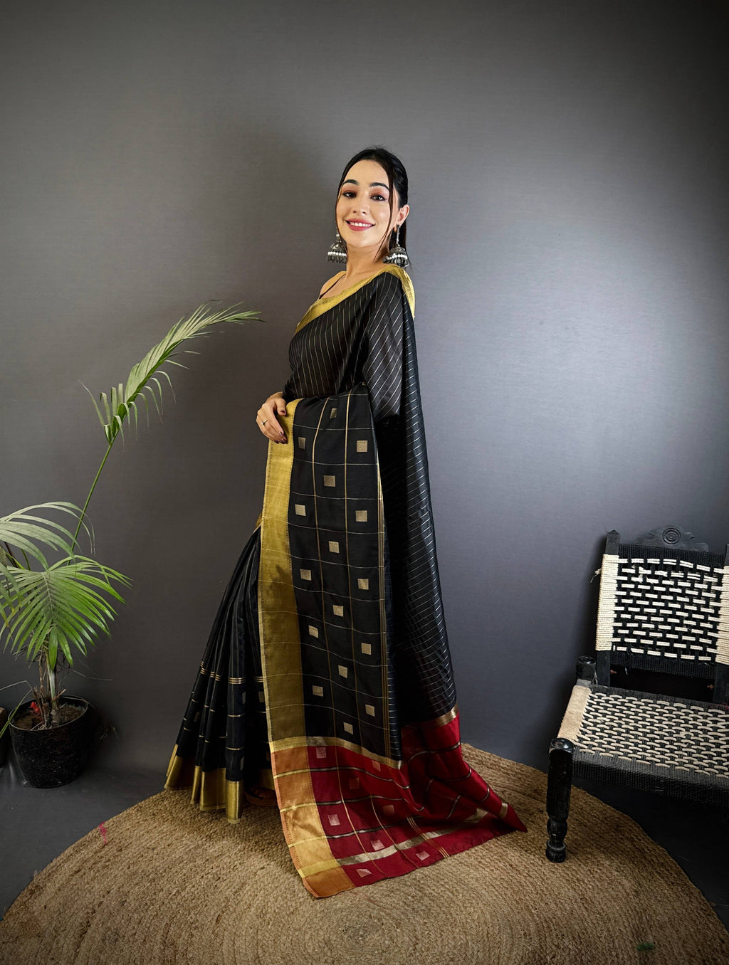 Sonakshi Women's Black Soft Cotton Silk Golden Zari Weaving Traditional Saree with Blouse
