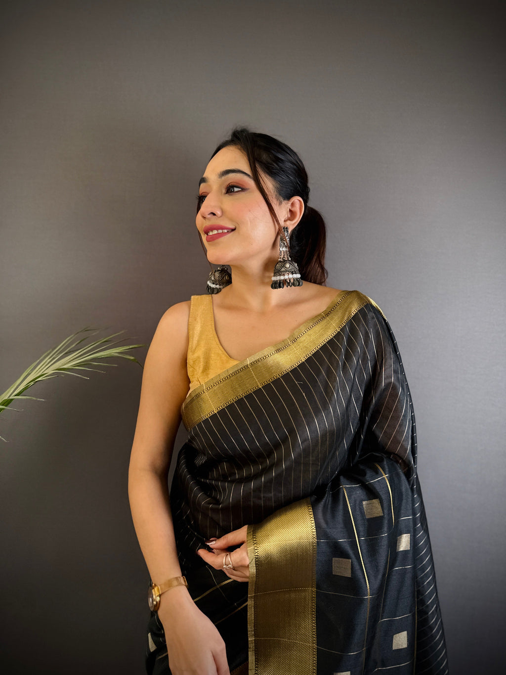 Sonakshi Women's Black Soft Cotton Silk Golden Zari Weaving Traditional Saree with Blouse