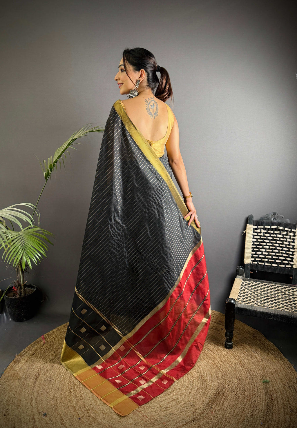 Sonakshi Women's Black Soft Cotton Silk Golden Zari Weaving Traditional Saree with Blouse
