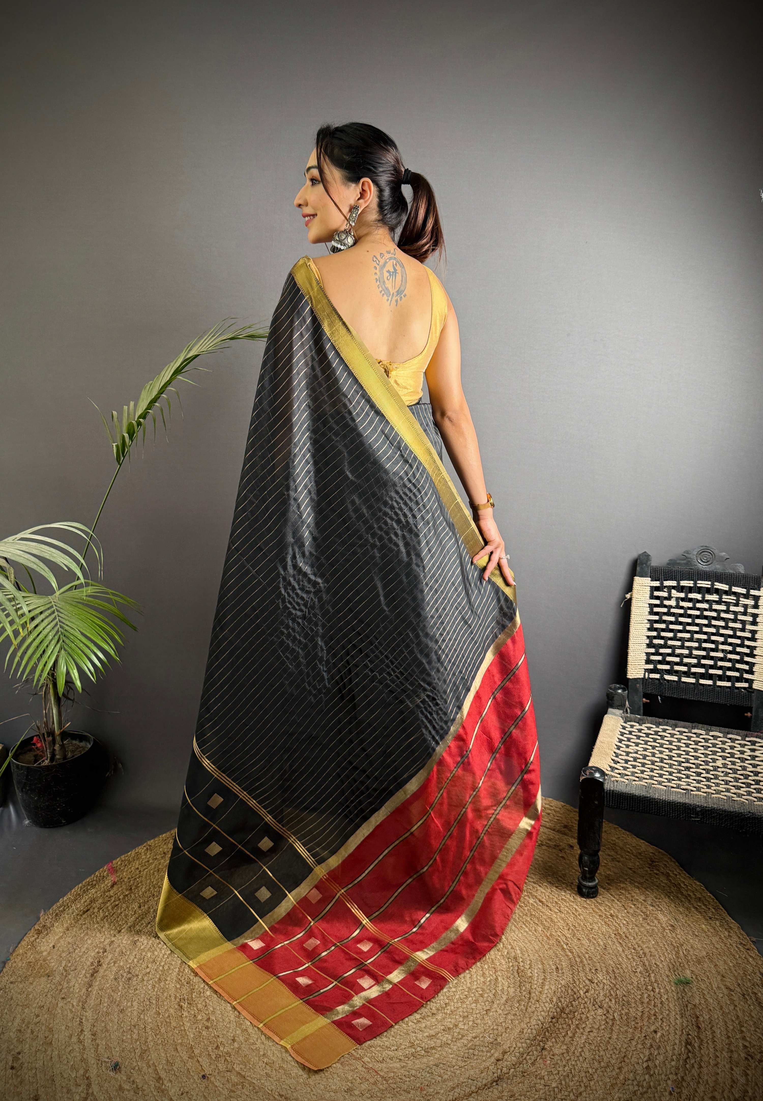Sonakshi Women's Black Soft Cotton Silk Golden Zari Weaving Traditional Saree with Blouse
