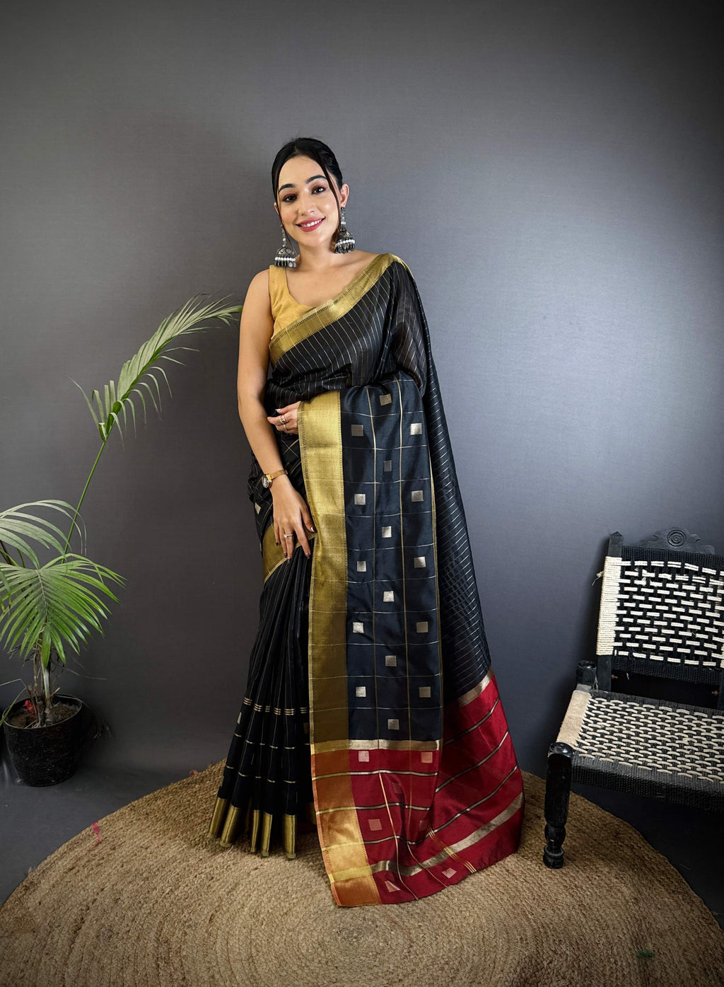 Sonakshi Women's Black Soft Cotton Silk Golden Zari Weaving Traditional Saree with Blouse